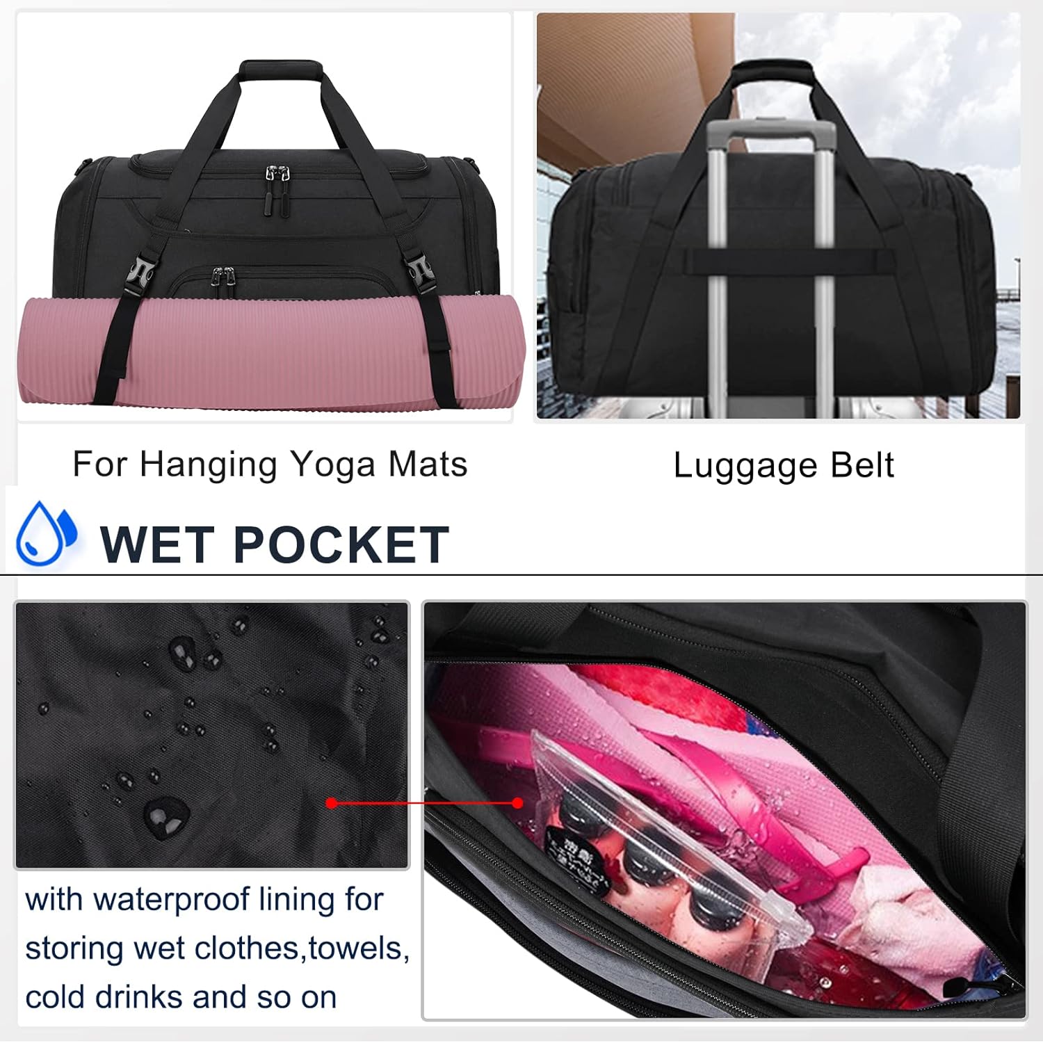 Dakuly Sporttasche Herren Damen Reisetasche Groß 40L 55L mit Schuhfach Nassfach Weekender Schwimmtasche Turnbeutel Trainingstasche für Herren Schwarz Grau Rosa – Bild 5