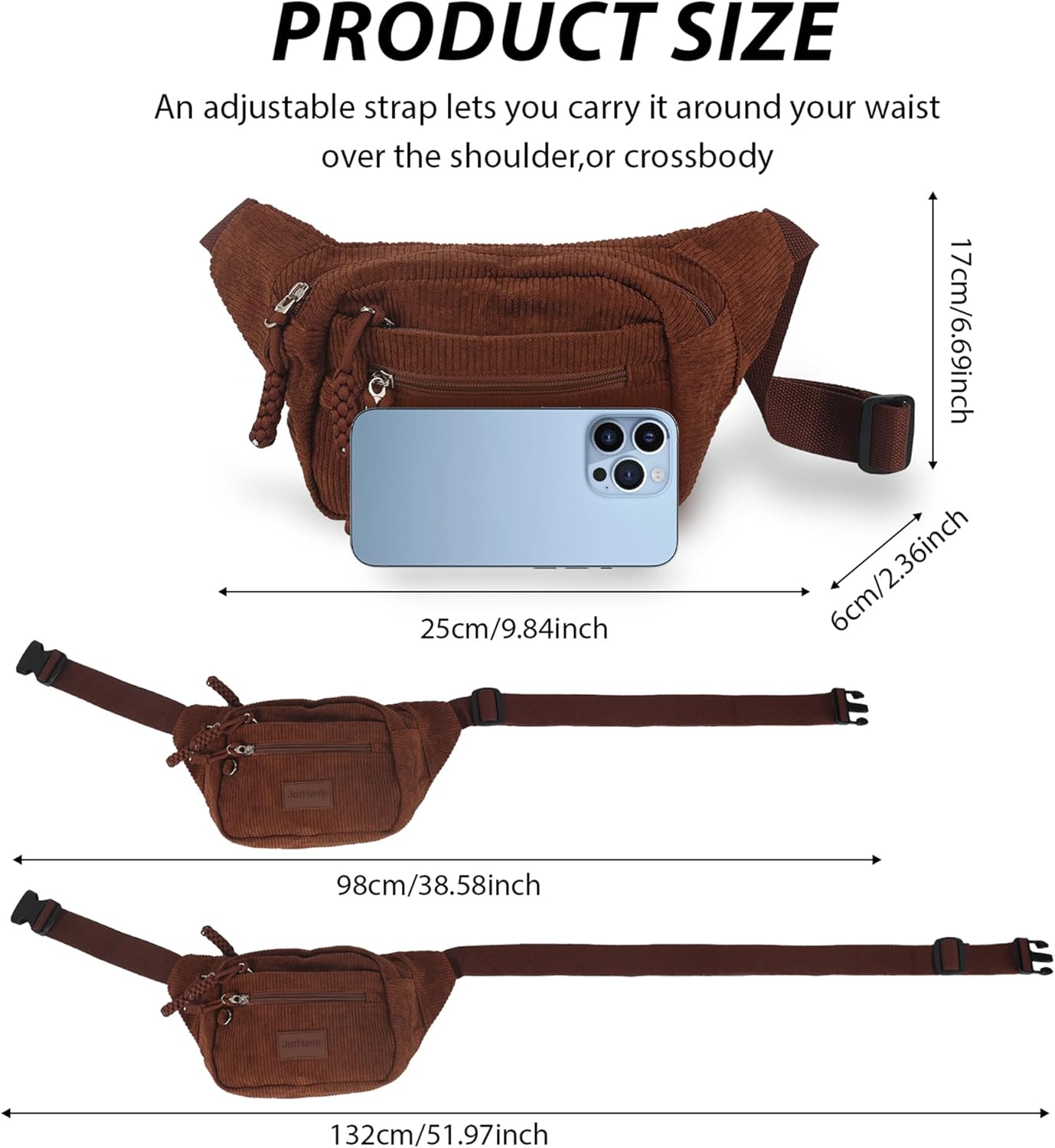 JurHevty Bauchtasche Cord Damen Crossbody Bag Umhängetasche GüRteltasche(Beige) – Bild 3