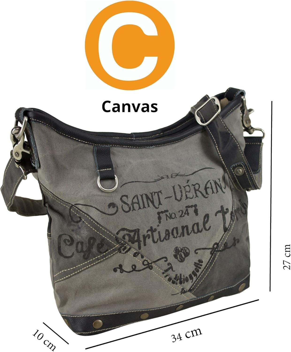 Sunsa Canvas Umhängetasche Damen/Herren Umhängetasche Umhängetasche mit Leder Damentasche Schwarz Grau Vintage Handtasche Studententasche Einfarbige Tasche (Schwarz, Vintage) – Bild 3