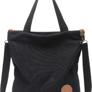 Janben Damen -Leinwand Handtasche, Umhängetasche, ungezwungene multifunktionale Umhängetasche, groß für Arbeit/ Schule/ Käufer, lässig, täglich, schwarz