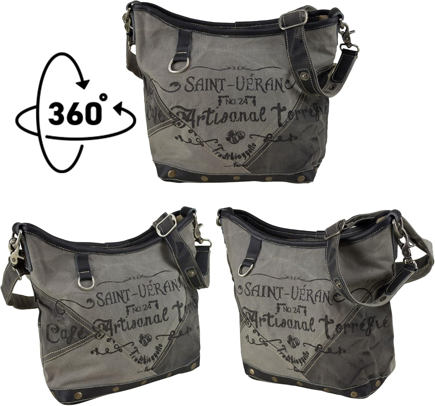 Sunsa Canvas Umhängetasche Damen/Herren Umhängetasche Umhängetasche mit Leder Damentasche Schwarz Grau Vintage Handtasche Studententasche Einfarbige Tasche (Schwarz, Vintage) – Bild 4