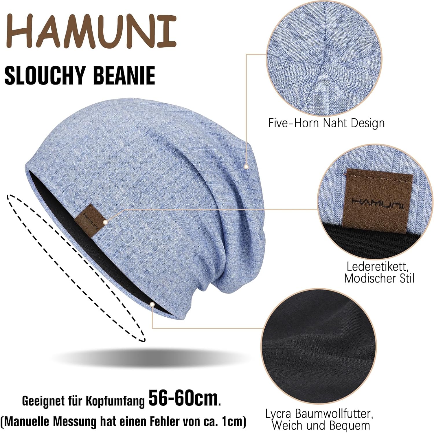 HAMUNI Slouchy Beanie Hip-Hop, weich, leicht, Lauf-Beanie-Mütze, Atmungsaktivität, Erwachsene Zwergenhüte, Chemo-Cap, Totenkopf-Cap für Männer und Frauen – Bild 2