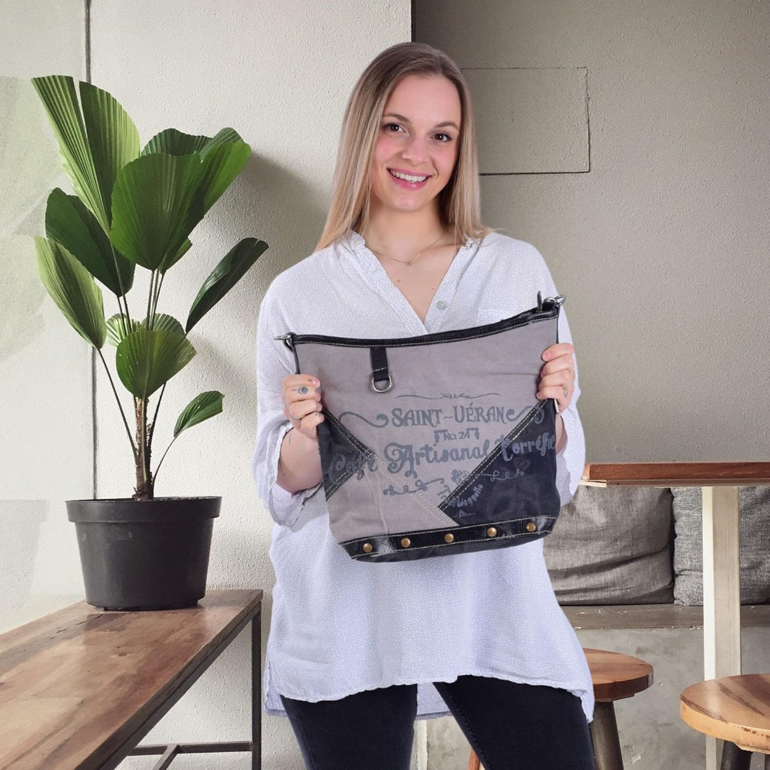 Sunsa Canvas Umhängetasche Damen/Herren Umhängetasche Umhängetasche mit Leder Damentasche Schwarz Grau Vintage Handtasche Studententasche Einfarbige Tasche (Schwarz, Vintage) – Bild 6