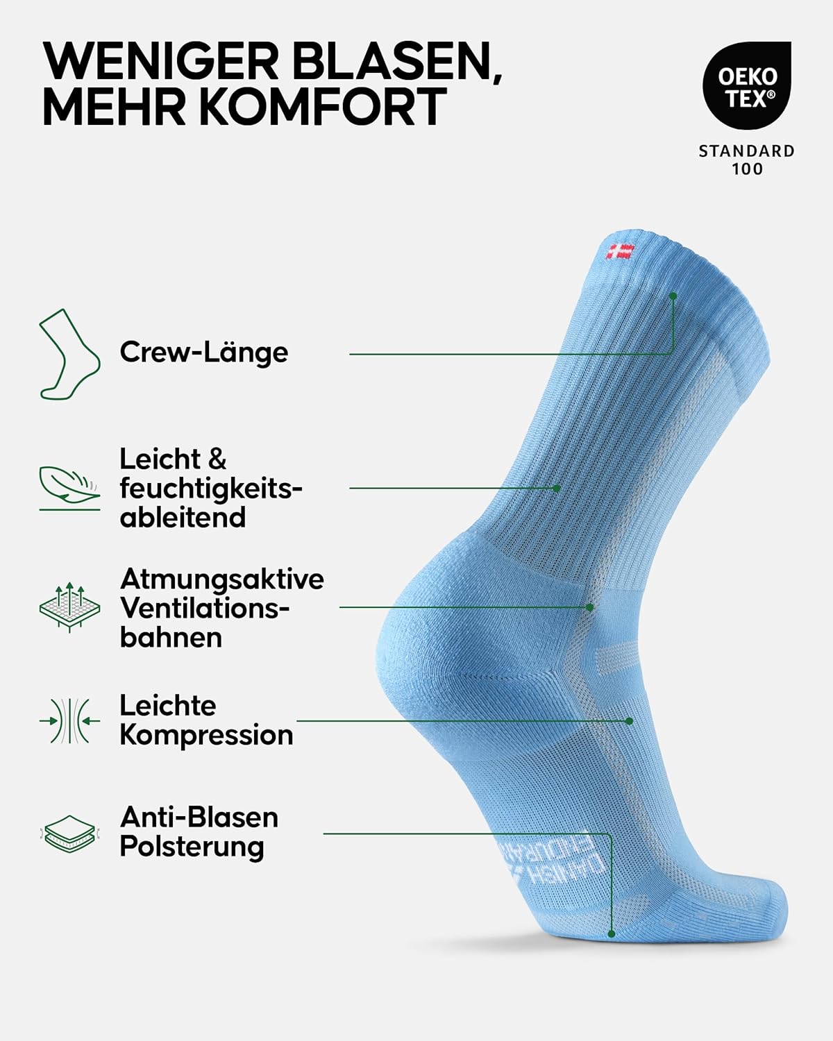 Dänische Ausdauercrew Running Socken (3/5 Paar), Wadenlänge Sportsocken, leichte Komprimierung, atmungsaktiv und gepolstert, Unisex, für Männer und Frauen – Bild 2