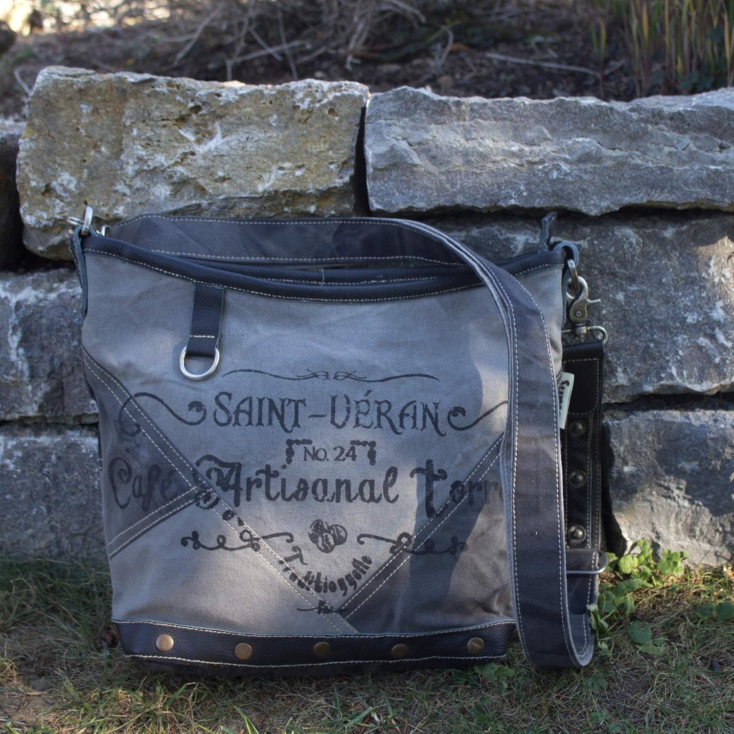 Sunsa Canvas Umhängetasche Damen/Herren Umhängetasche Umhängetasche mit Leder Damentasche Schwarz Grau Vintage Handtasche Studententasche Einfarbige Tasche (Schwarz, Vintage) – Bild 7