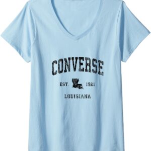 Damen Converse Louisiana La Sports Design Vintage Style Sporty Black V-Ausschnitt T-Shirt, Blau