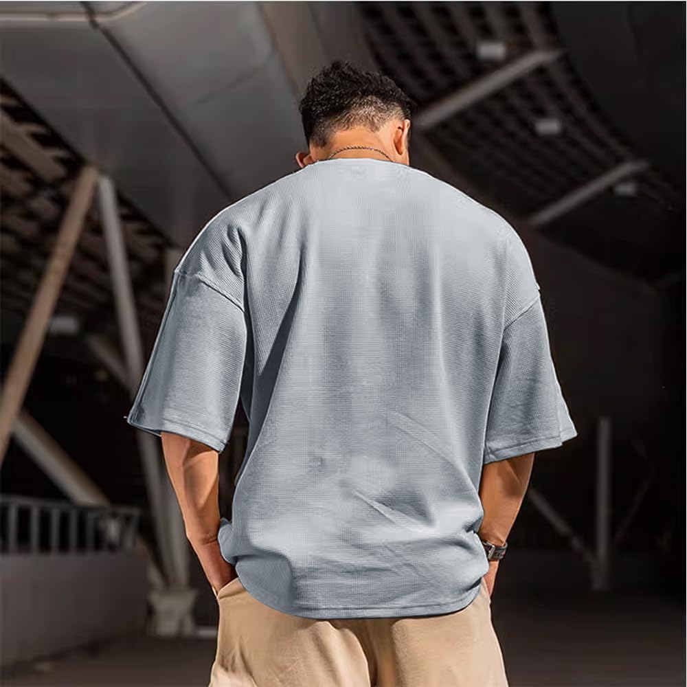 Muskel lebendige Männer grundlegende Langarmhemden, Waffel-Sweatshirt, locker, Training, Seitentriebs-Crew-Nackenhemd – Bild 2