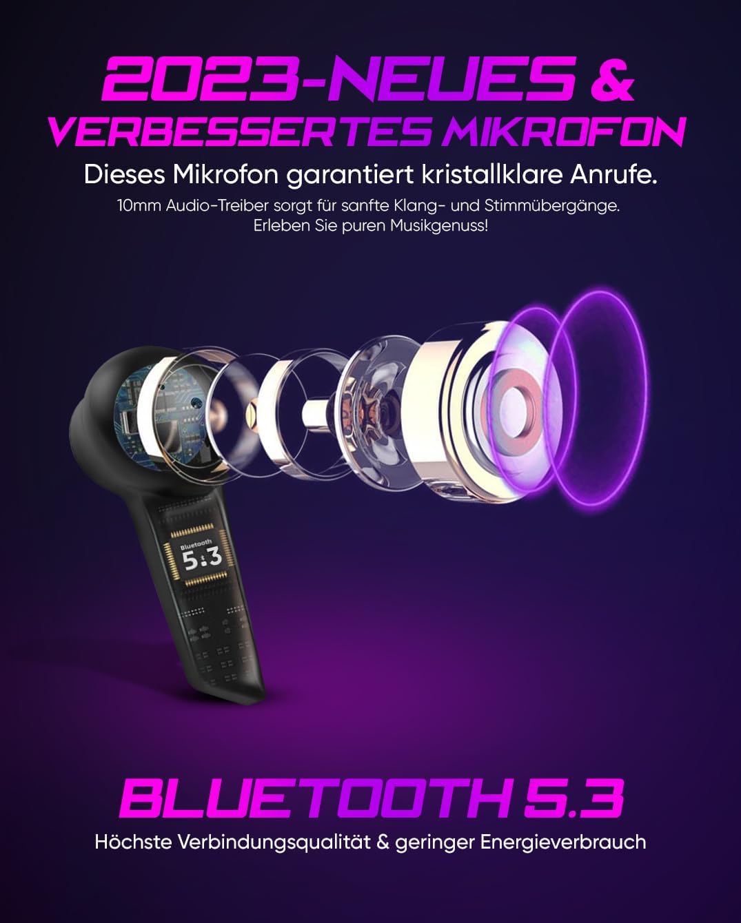 Rotter® Wireless Bluetooth Mobile Gaming -Kopfhörer, extrem niedrige Latenz von 50 ms, Bluetooth 5.3, Dual -Modus, 35 -Stunden -Spielzeit, IPX4 -Wasserdicht, 6 Mikrofone (weiß) – Bild 6