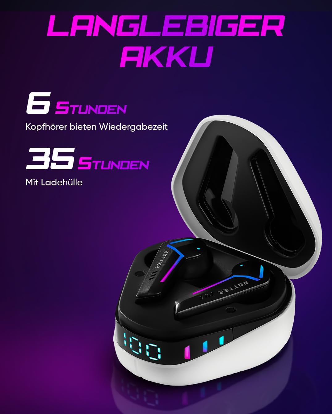 Rotter® Wireless Bluetooth Mobile Gaming -Kopfhörer, extrem niedrige Latenz von 50 ms, Bluetooth 5.3, Dual -Modus, 35 -Stunden -Spielzeit, IPX4 -Wasserdicht, 6 Mikrofone (weiß) – Bild 7