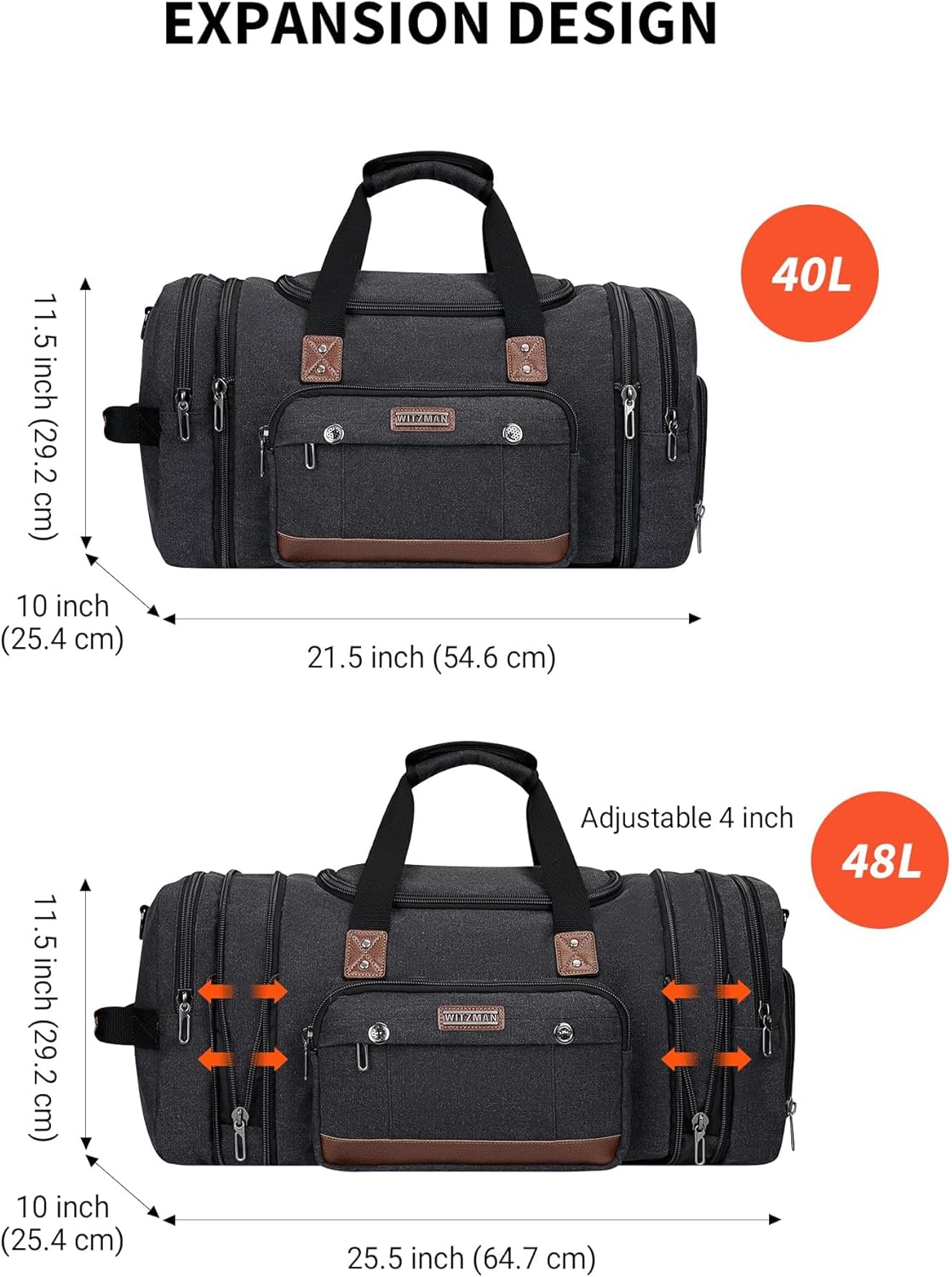 Witzman Canvas Reisetasche Herren Großwoche Reisetasche 48L Erweiterbares Handgepäck Flugzeug Sportbeutel, schwarz, Reisetasche – Bild 3