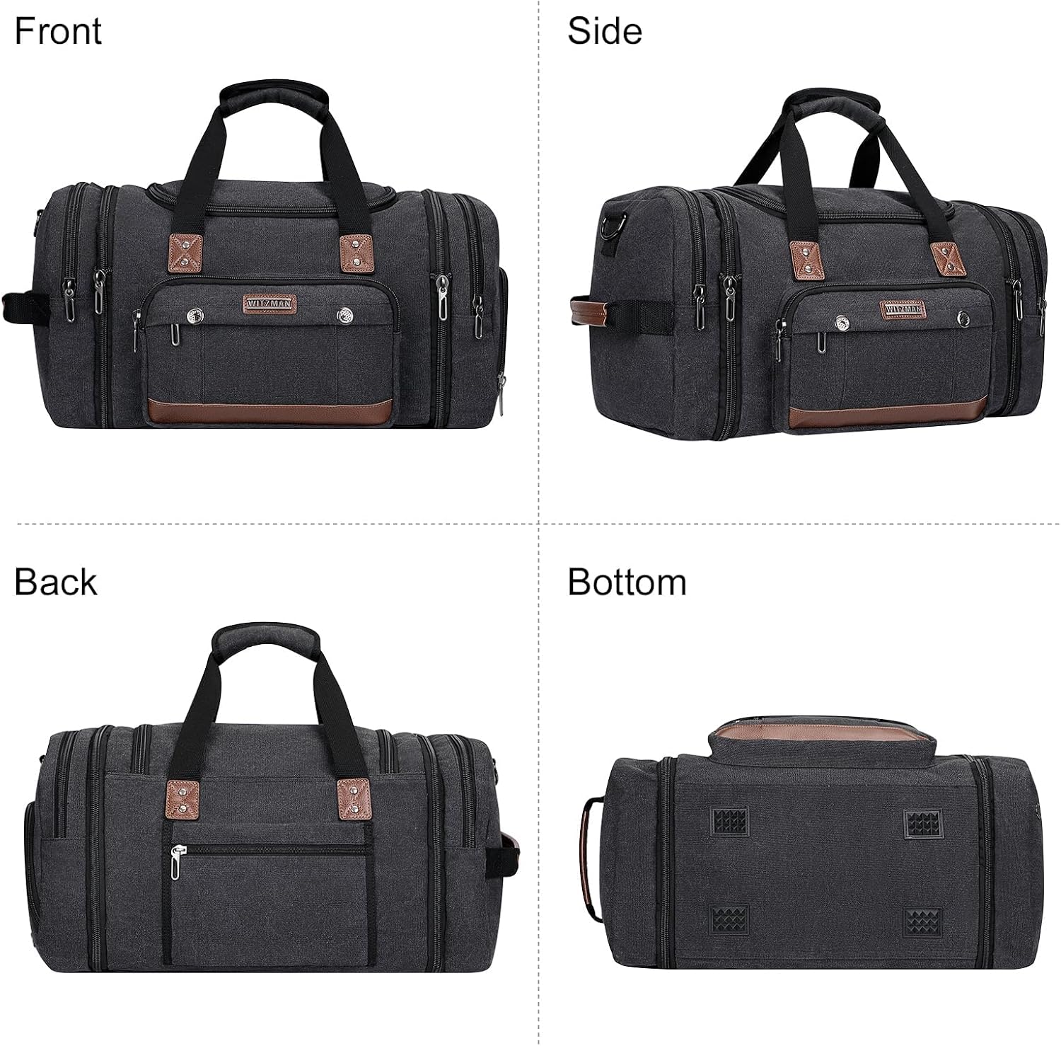 Witzman Canvas Reisetasche Herren Großwoche Reisetasche 48L Erweiterbares Handgepäck Flugzeug Sportbeutel, schwarz, Reisetasche – Bild 9