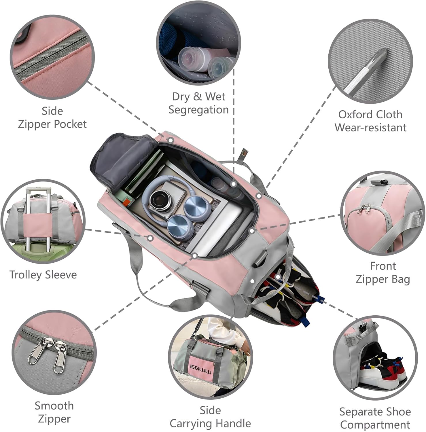 Ieeeilulu Sportsack für Männer und Frauen, 45 -l -Sportsack, große Reisetasche für Frauen mit Schuhfach, feuchtes Abteil und Rucksackfunktion, wasserdichte Reisetasche, Fitnessstasche, Trainingsbeutel, Grau, – Bild 3