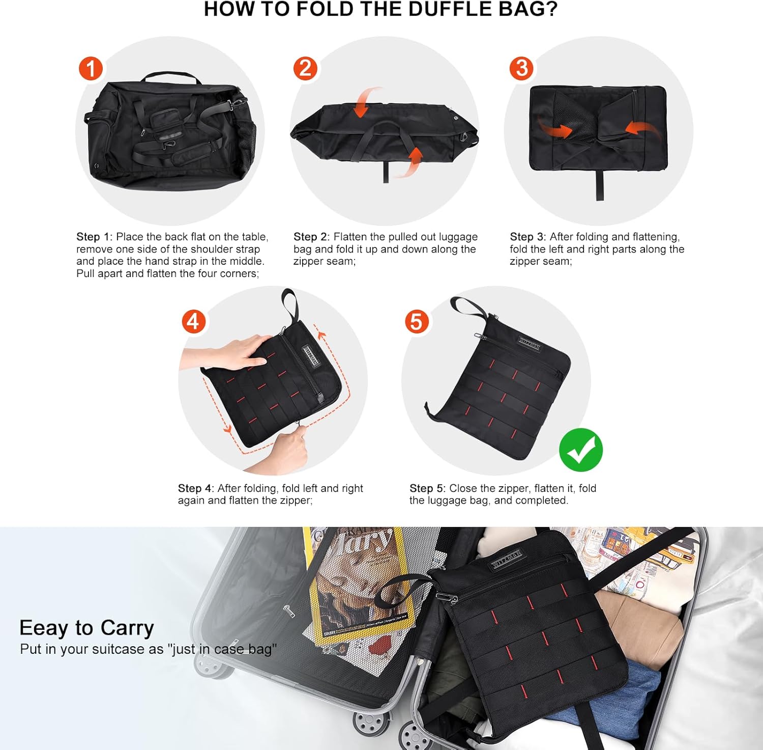 Witzman Foldable Reisetasche Leichtes Männer 65L Reisebag Weekender Sporttasche groß mit Schuhfach Frauen Fitnessstudio -Reisetasche, Schwarz, Reisetasche – Bild 2