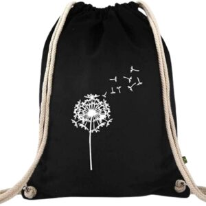 Turnbeutellebe® -Fitnessbeutel mit Löwenzahnmotiv – Baumwollschwarz – Sportsack – Rucksack – Stofftasche – Fitnessstasche – ca. 12 Liter – 37 x 46 cm, schwarz