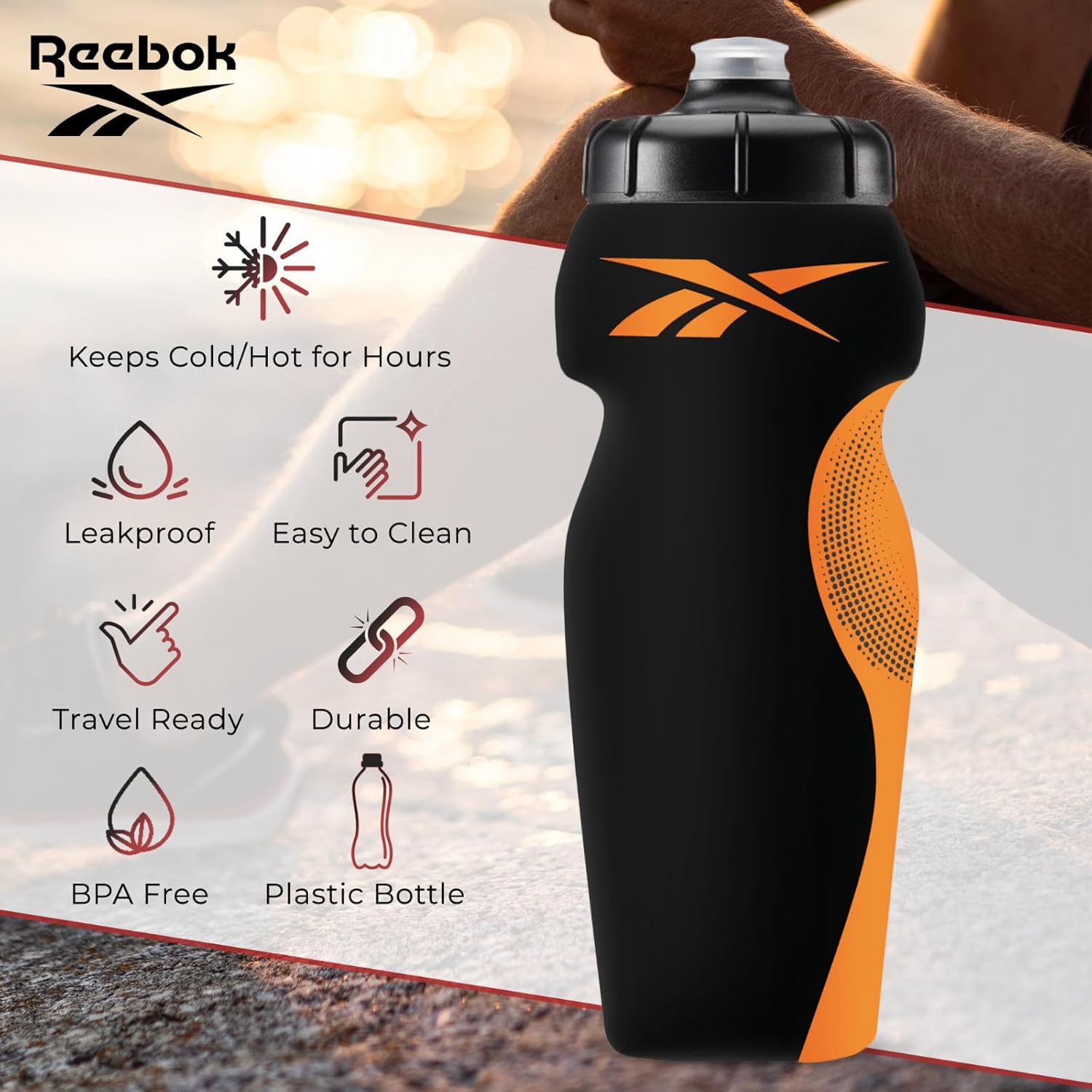 Reebok Squeeze Wasserflaschen mit sportlichem Design - Wasserflasche 680 ml - Sportwasserflasche - wiederverwendbare Wasserflasche für Fitnessstudio, Laufen, Wandern usw., BPA -kostenlos (schwarz) – Bild 4