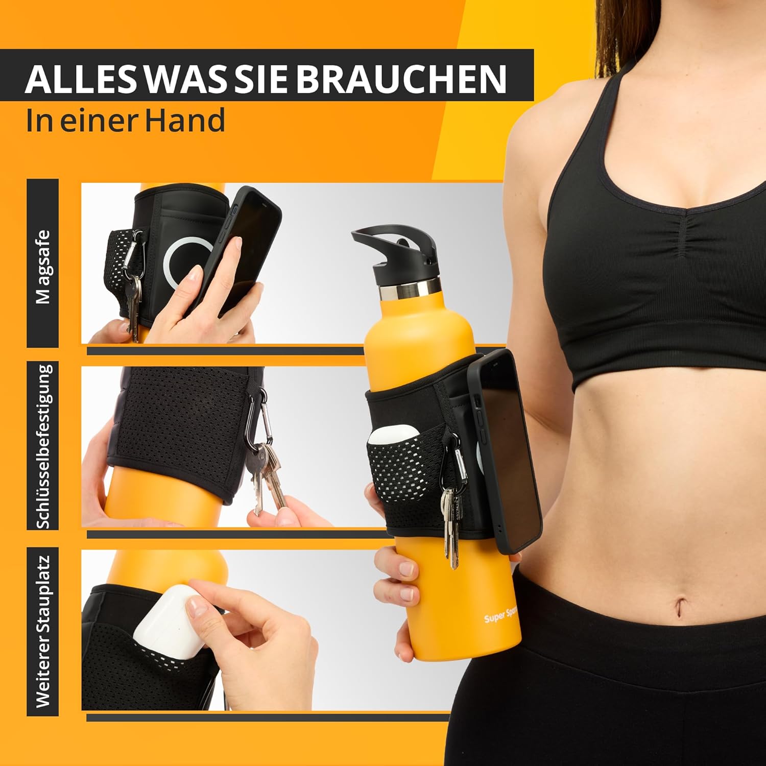 Innela Magnetfit Fitness -Wasserflaschenhülle mit Magneten - kompatibel mit Apple Magsafe - Tasche für AirPods und Schlüssel - Shaker für Protein und 1L -Flasche - Nehmen Sie Ihr Training auf – Bild 5