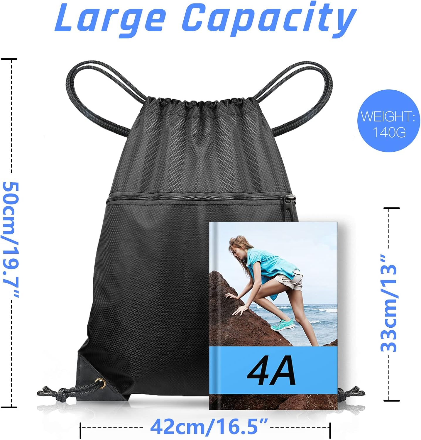Chepula -Fitness -Tasche mit Kordelschnur Schwimmkordel -PE -Taschen für Frauen Männer Reisen Beach Schultasche mit wasserdichtem Kindern Jungen, Schwarz, vielseitig, einfach – Bild 2