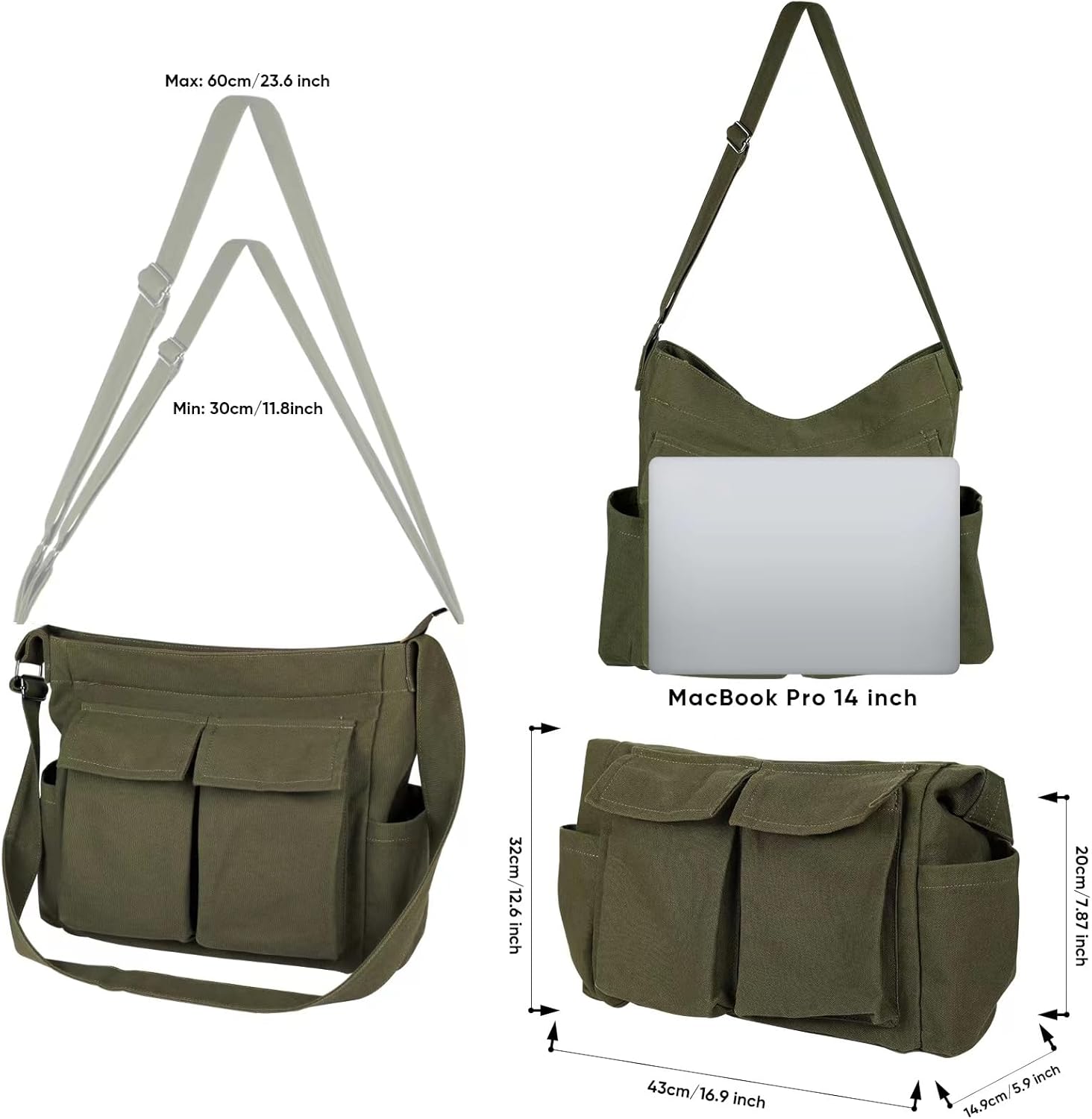 Broadream Canvas Messenger -Tasche mit großer Kapazität - Leinwand Messenger -Tasche Vintage, Hobo Crossbody -Tasche mit mehreren Taschen für Männer und Frauen Arbeitsschule Casual Daily, Green, Retro – Bild 5