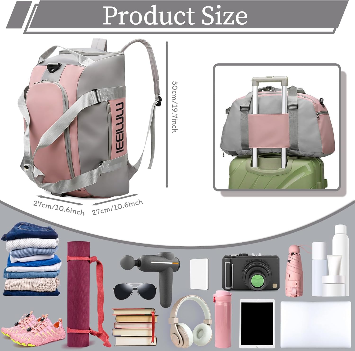 Ieeeilulu Sportsack für Männer und Frauen, 45 -l -Sportsack, große Reisetasche für Frauen mit Schuhfach, feuchtes Abteil und Rucksackfunktion, wasserdichte Reisetasche, Fitnessstasche, Trainingsbeutel, Grau, – Bild 2