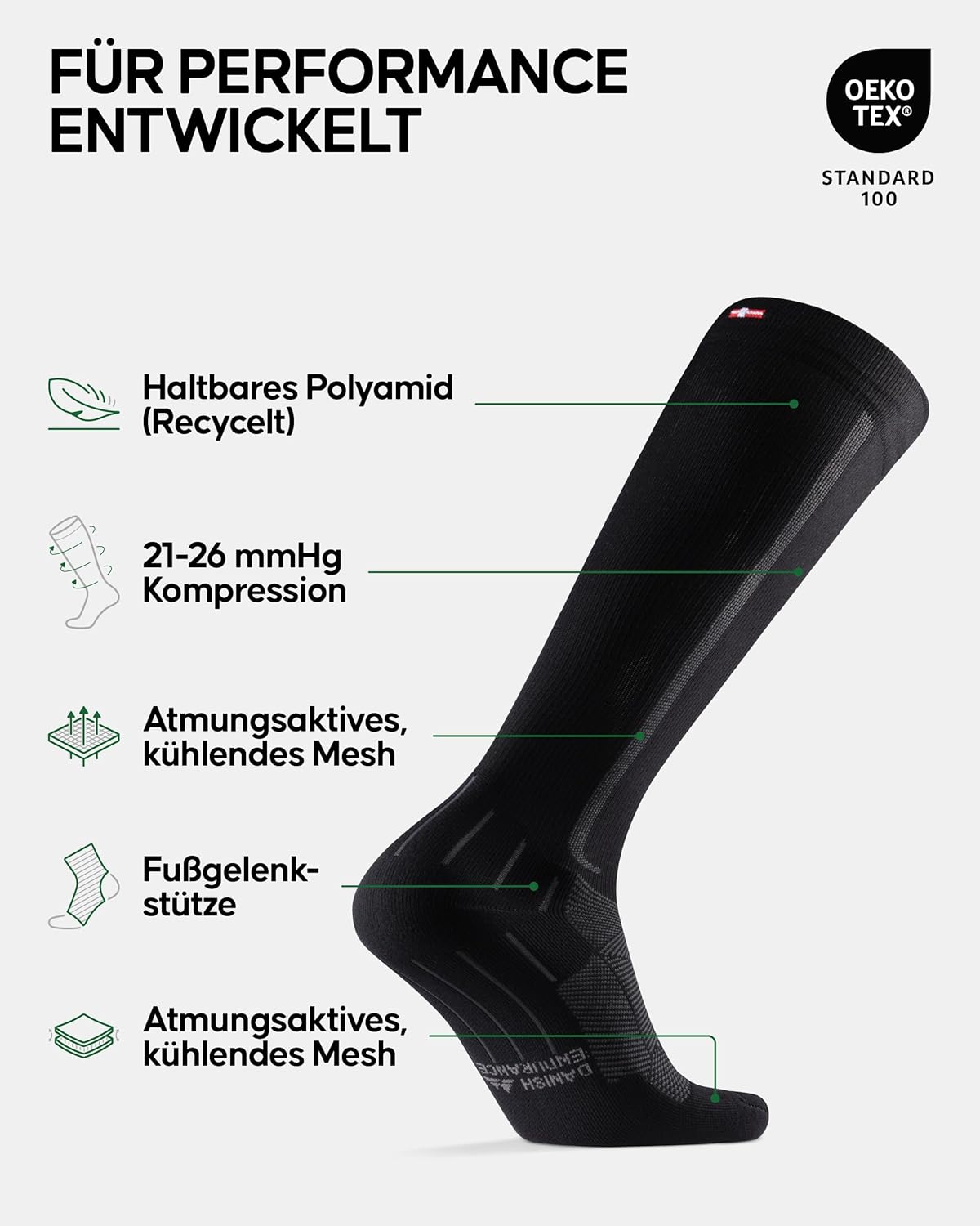Dänische Ausdauersport-Kompressionsstrümpfe, Unterstützungsstrümpfe, 21-26 MMHG für Männer & Frauen – Bild 2