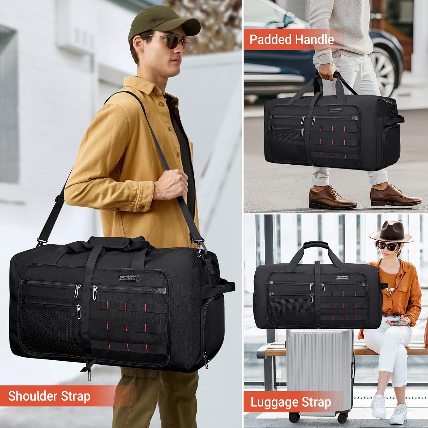 Witzman Foldable Reisetasche Leichtes Männer 65L Reisebag Weekender Sporttasche groß mit Schuhfach Frauen Fitnessstudio -Reisetasche, Schwarz, Reisetasche – Bild 3