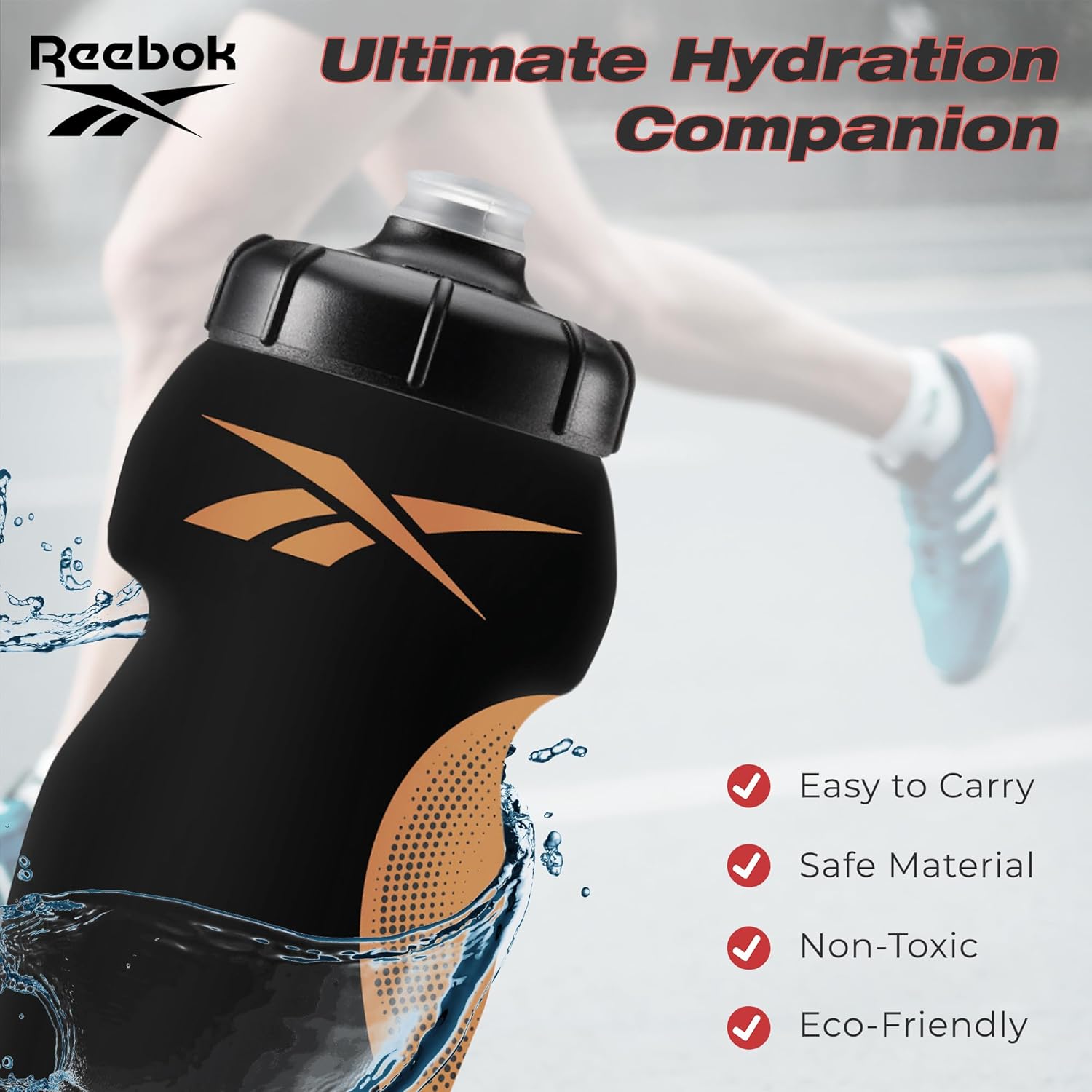 Reebok Squeeze Wasserflaschen mit sportlichem Design - Wasserflasche 680 ml - Sportwasserflasche - wiederverwendbare Wasserflasche für Fitnessstudio, Laufen, Wandern usw., BPA -kostenlos (schwarz) – Bild 6