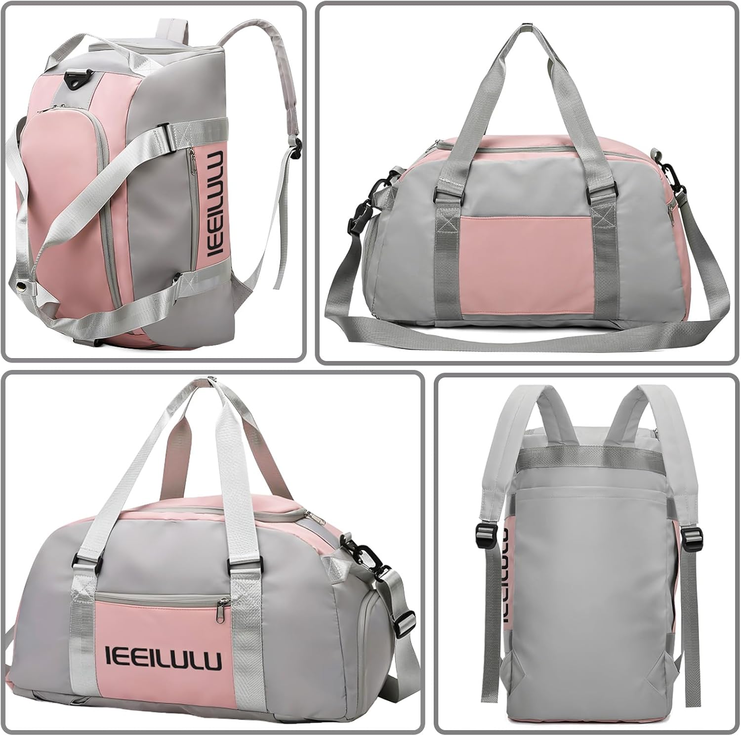 Ieeeilulu Sportsack für Männer und Frauen, 45 -l -Sportsack, große Reisetasche für Frauen mit Schuhfach, feuchtes Abteil und Rucksackfunktion, wasserdichte Reisetasche, Fitnessstasche, Trainingsbeutel, Grau, – Bild 4