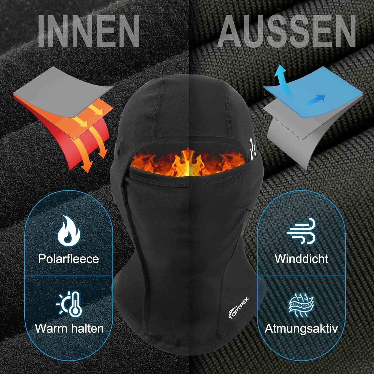 toptrek Sturmhaube Winter, Winddicht Warm Sturmmaske, Balaclava für Outdoorsports Radfahren Snowboarden Skifahren Motorradfahren, Atmungsaktive Skimaske für Herren& Damen, Schwarz – Bild 2