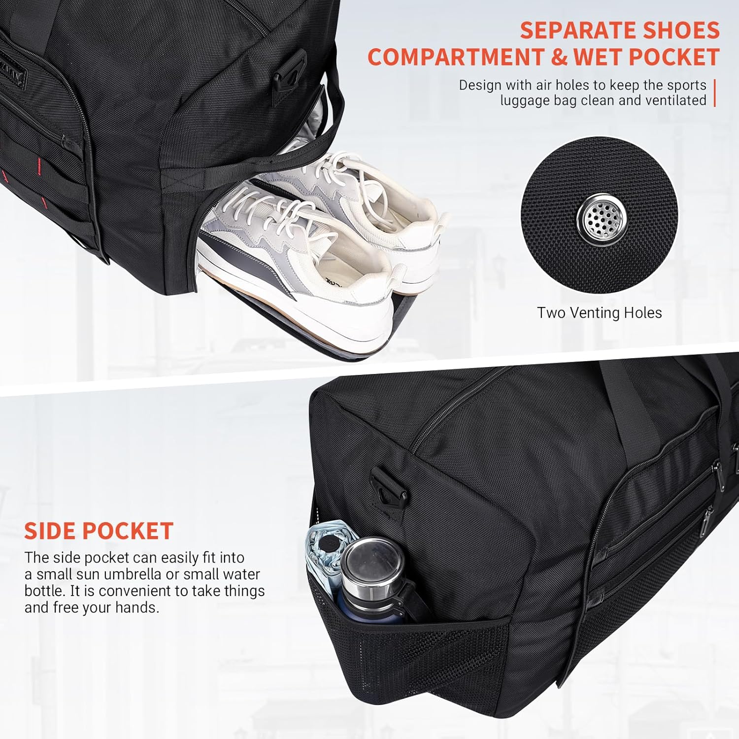 Witzman Foldable Reisetasche Leichtes Männer 65L Reisebag Weekender Sporttasche groß mit Schuhfach Frauen Fitnessstudio -Reisetasche, Schwarz, Reisetasche – Bild 5