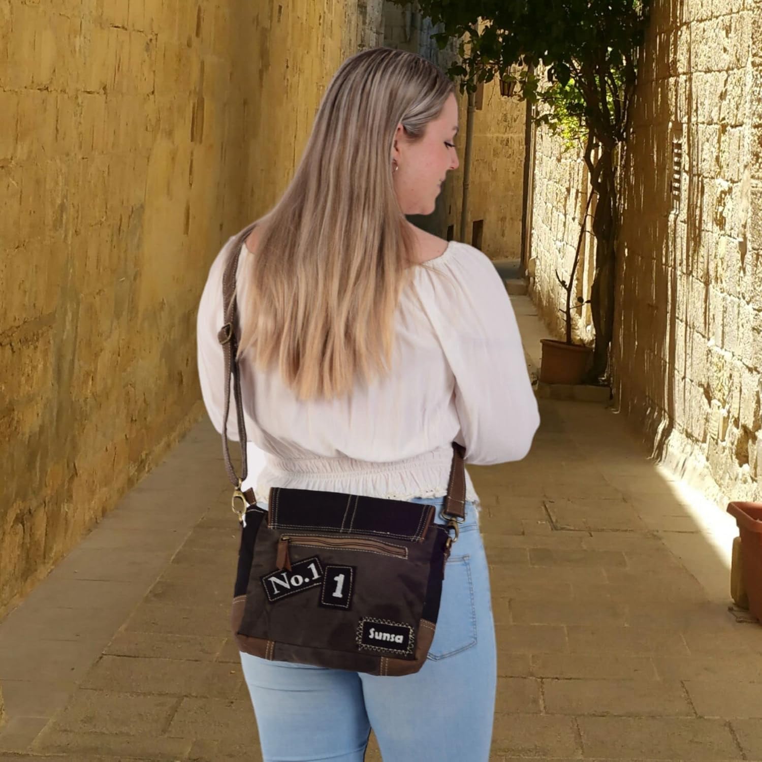 Sunsa Frauen Umhängetasche Messenger -Tasche Leinwand Leder kleiner Vintage Crossbody -Tasche mit Star Retro Black Umhängetasche Nachhaltige Handtasche Geschenkideen, schwarz – Bild 5