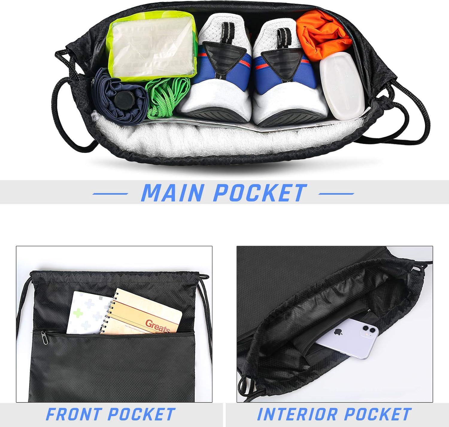 Chepula -Fitness -Tasche mit Kordelschnur Schwimmkordel -PE -Taschen für Frauen Männer Reisen Beach Schultasche mit wasserdichtem Kindern Jungen, Schwarz, vielseitig, einfach – Bild 3