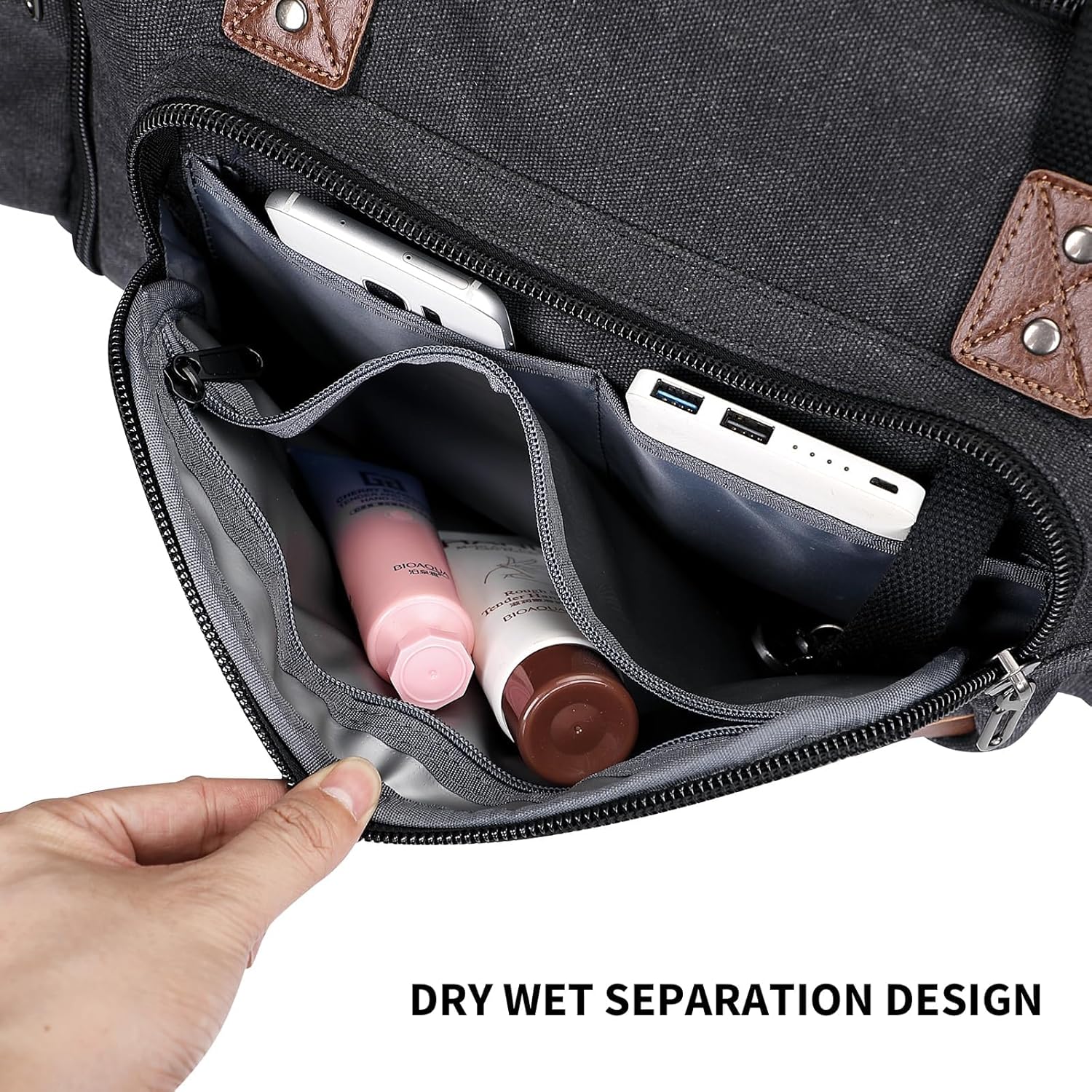 Witzman Canvas Reisetasche Herren Großwoche Reisetasche 48L Erweiterbares Handgepäck Flugzeug Sportbeutel, schwarz, Reisetasche – Bild 5