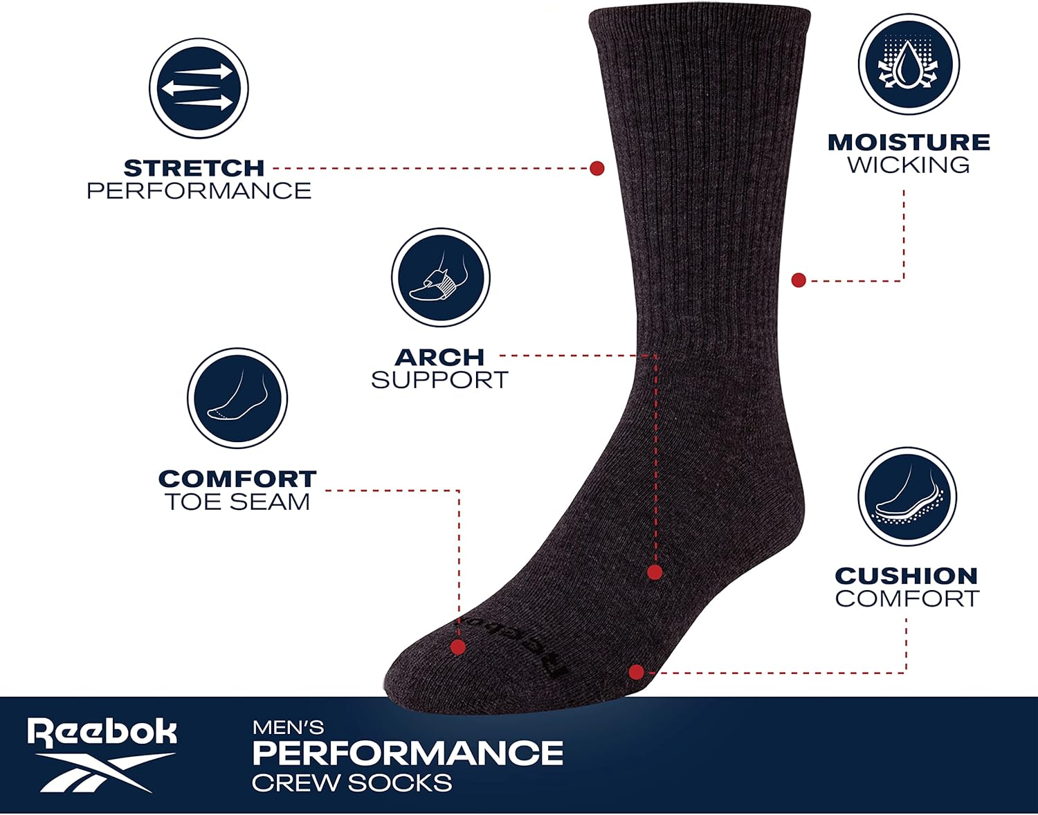 Reebok 10 Pack Herren Feuchtigkeitskontrolle sportliche Socken – Bild 3