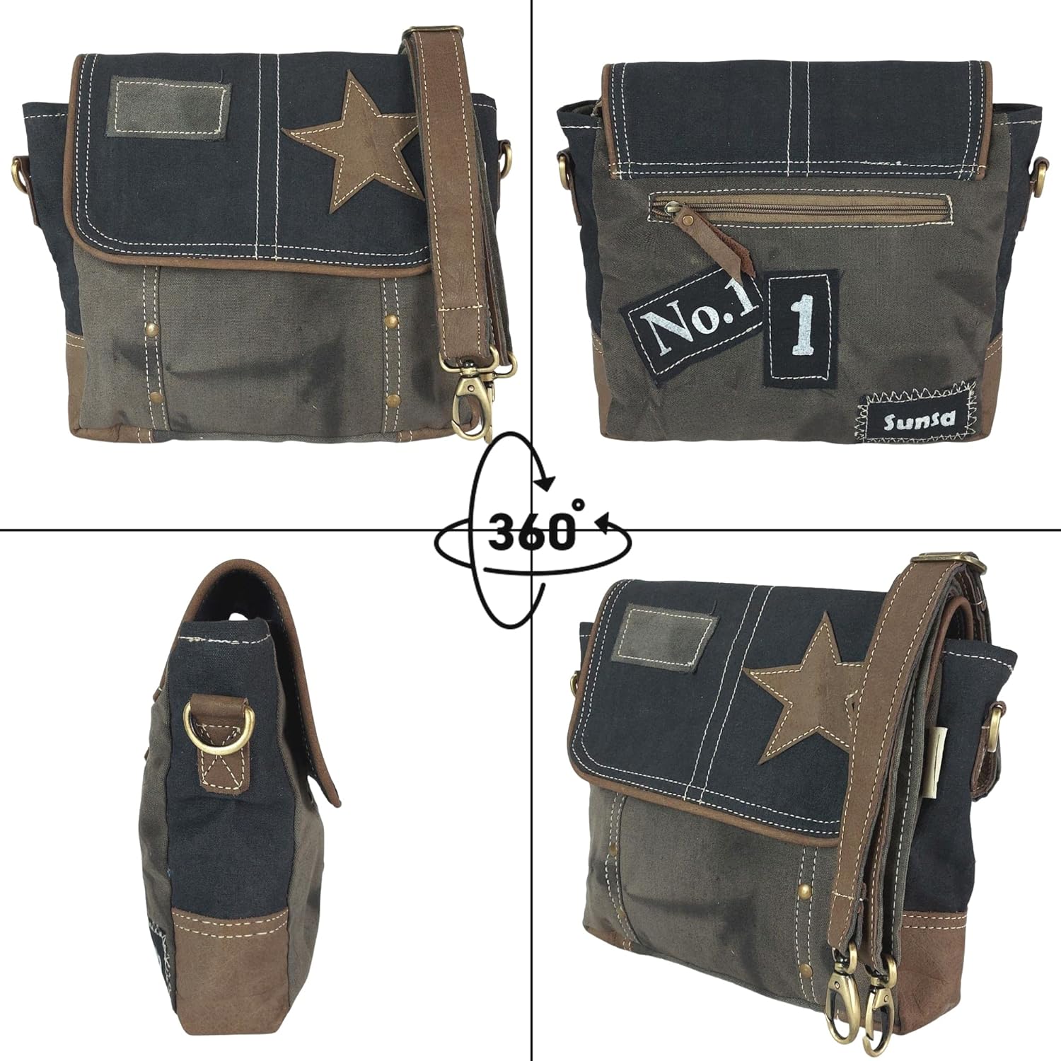 Sunsa Frauen Umhängetasche Messenger -Tasche Leinwand Leder kleiner Vintage Crossbody -Tasche mit Star Retro Black Umhängetasche Nachhaltige Handtasche Geschenkideen, schwarz – Bild 3