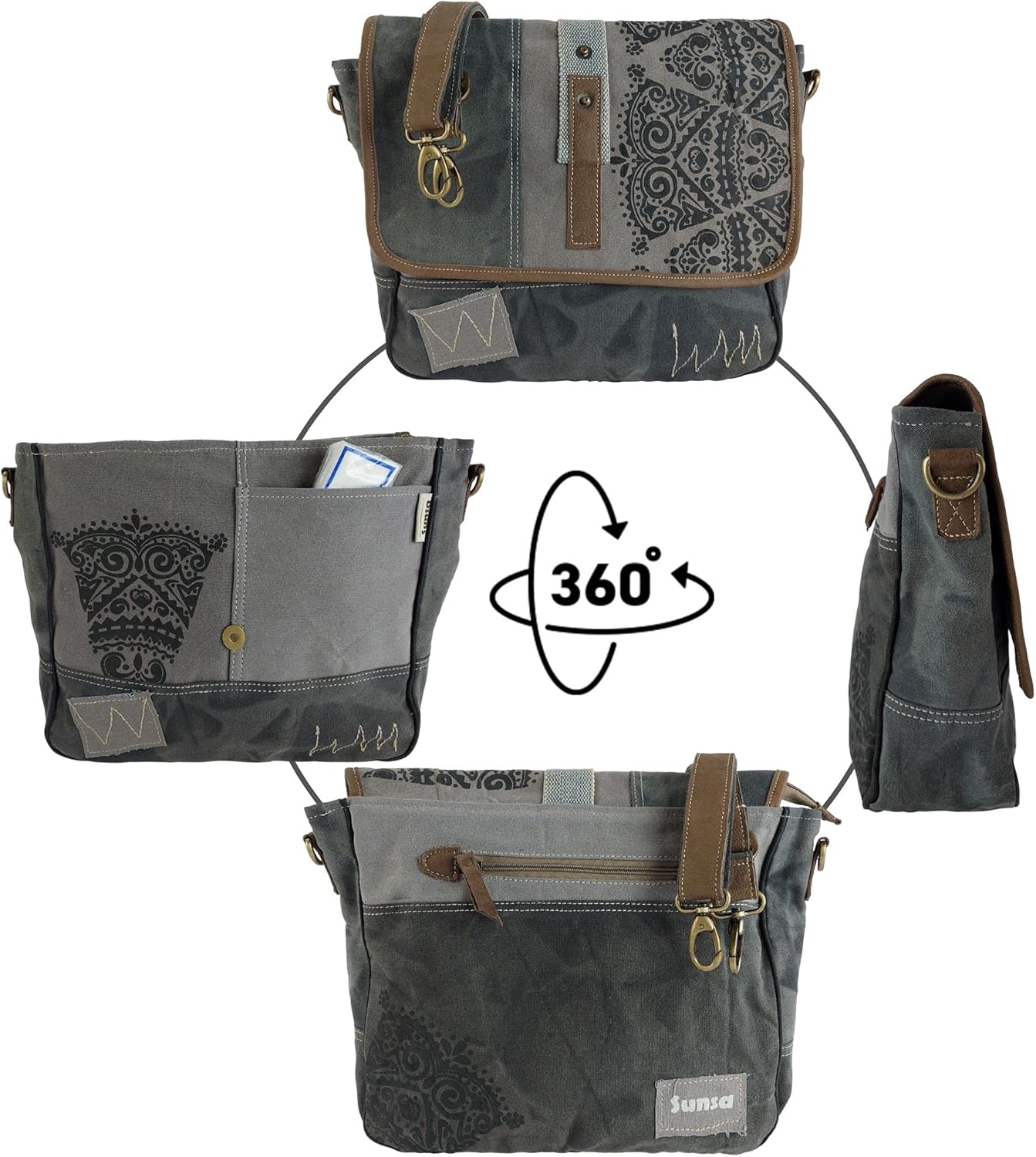 Sunsa Damen -Umhängetasche/Messenger -Tasche aus grauer Leinwand. Große Crossbody -Bag -Geschenkideen für Frauen/Mädchen, nachhaltige Produkte 52508, Gray, Retro – Bild 5