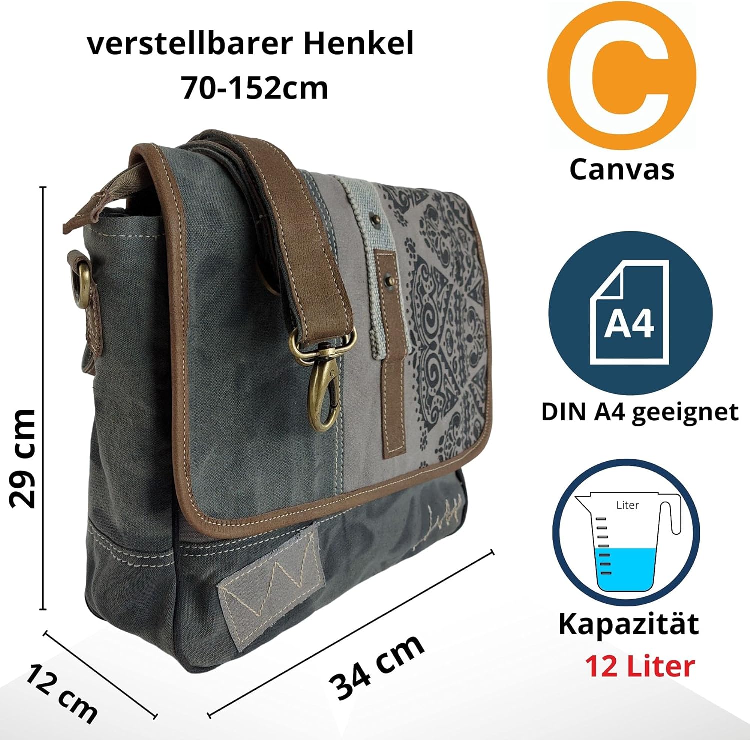 Sunsa Damen -Umhängetasche/Messenger -Tasche aus grauer Leinwand. Große Crossbody -Bag -Geschenkideen für Frauen/Mädchen, nachhaltige Produkte 52508, Gray, Retro – Bild 2