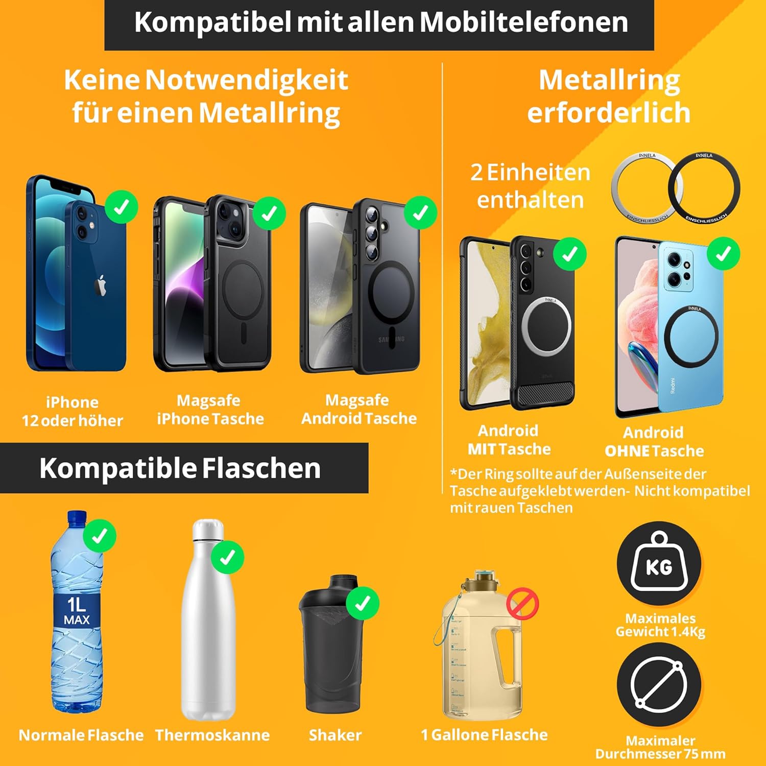 Innela Magnetfit Fitness -Wasserflaschenhülle mit Magneten - kompatibel mit Apple Magsafe - Tasche für AirPods und Schlüssel - Shaker für Protein und 1L -Flasche - Nehmen Sie Ihr Training auf – Bild 4