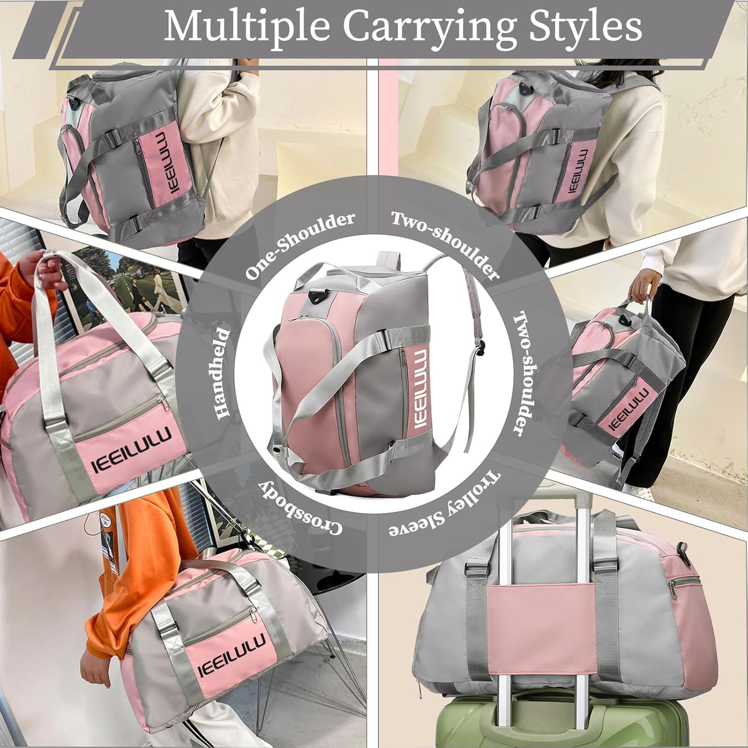 Ieeeilulu Sportsack für Männer und Frauen, 45 -l -Sportsack, große Reisetasche für Frauen mit Schuhfach, feuchtes Abteil und Rucksackfunktion, wasserdichte Reisetasche, Fitnessstasche, Trainingsbeutel, Grau, – Bild 5