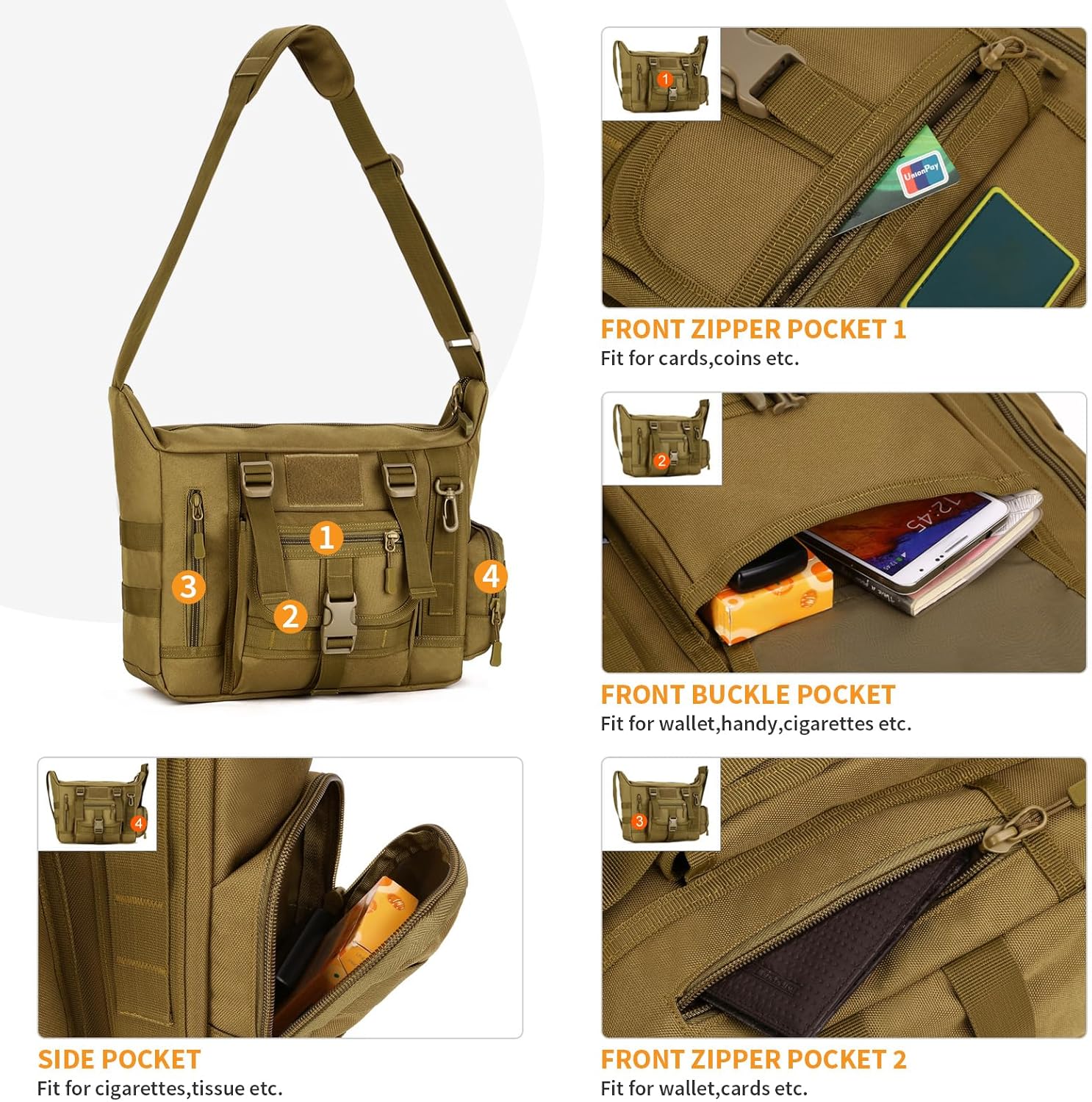 Huntvp Taktische Umhängetasche Military Crossbody Bag Sling Bag Wasserabweisende Umhängetasche Messengerbeutel Aktentasche mit verstellbarer Schultergurt im Freien – Bild 5