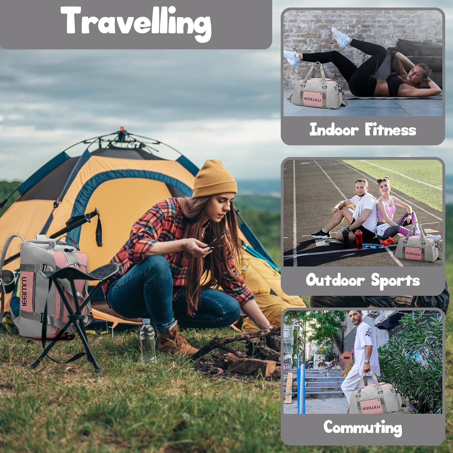 Ieeeilulu Sportsack für Männer und Frauen, 45 -l -Sportsack, große Reisetasche für Frauen mit Schuhfach, feuchtes Abteil und Rucksackfunktion, wasserdichte Reisetasche, Fitnessstasche, Trainingsbeutel, Grau, – Bild 6