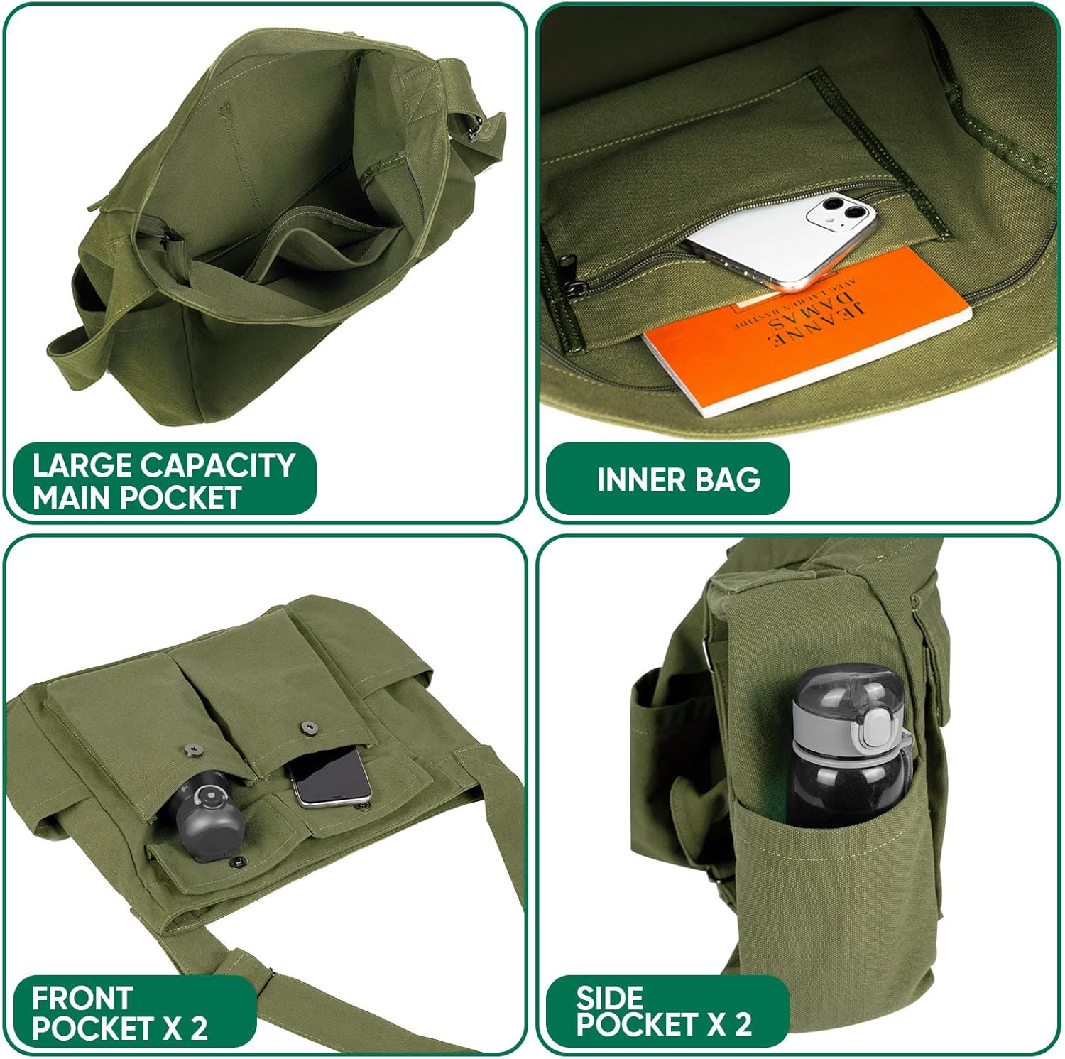 Broadream Canvas Messenger -Tasche mit großer Kapazität - Leinwand Messenger -Tasche Vintage, Hobo Crossbody -Tasche mit mehreren Taschen für Männer und Frauen Arbeitsschule Casual Daily, Green, Retro – Bild 6