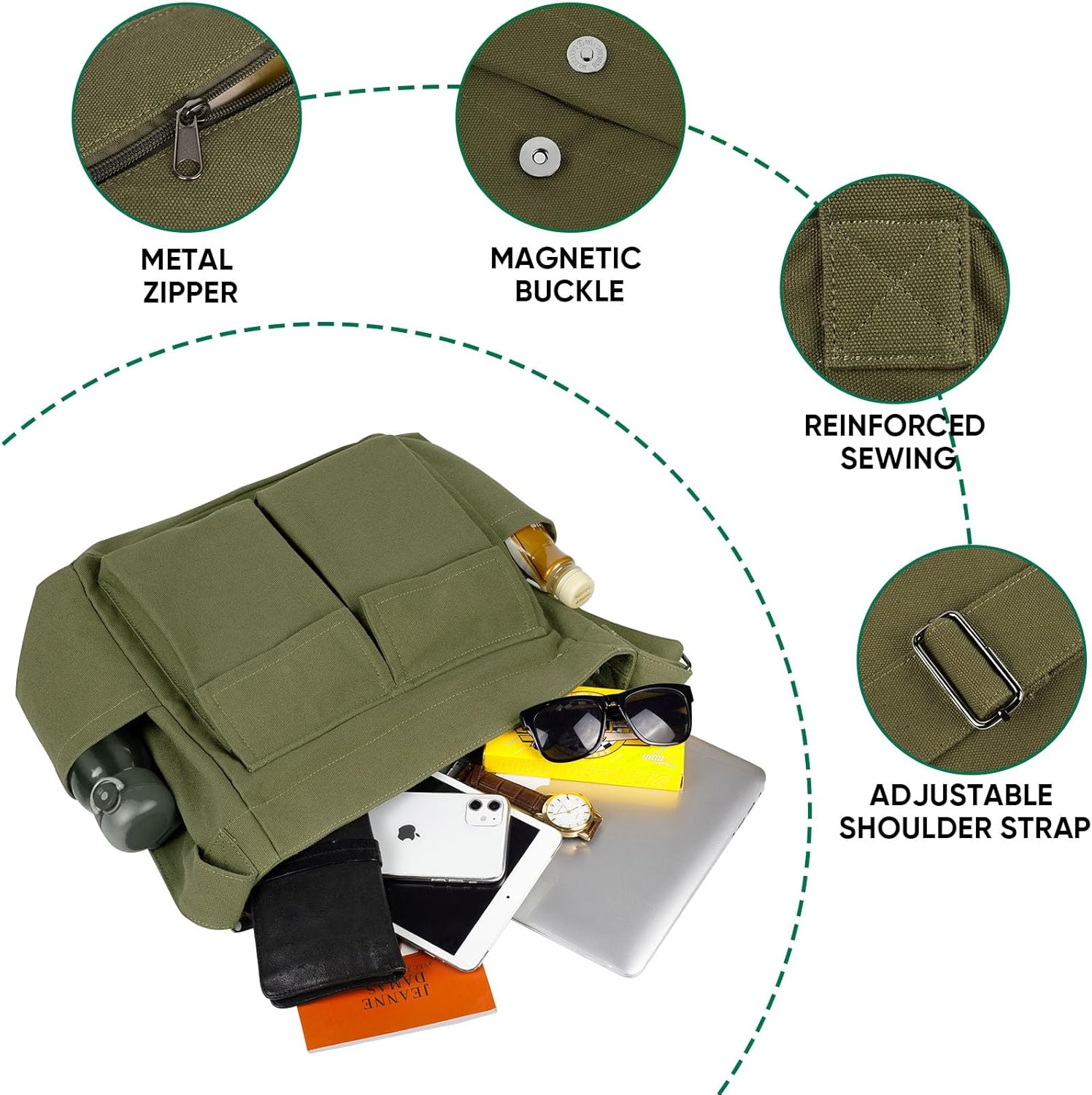 Broadream Canvas Messenger -Tasche mit großer Kapazität - Leinwand Messenger -Tasche Vintage, Hobo Crossbody -Tasche mit mehreren Taschen für Männer und Frauen Arbeitsschule Casual Daily, Green, Retro – Bild 3