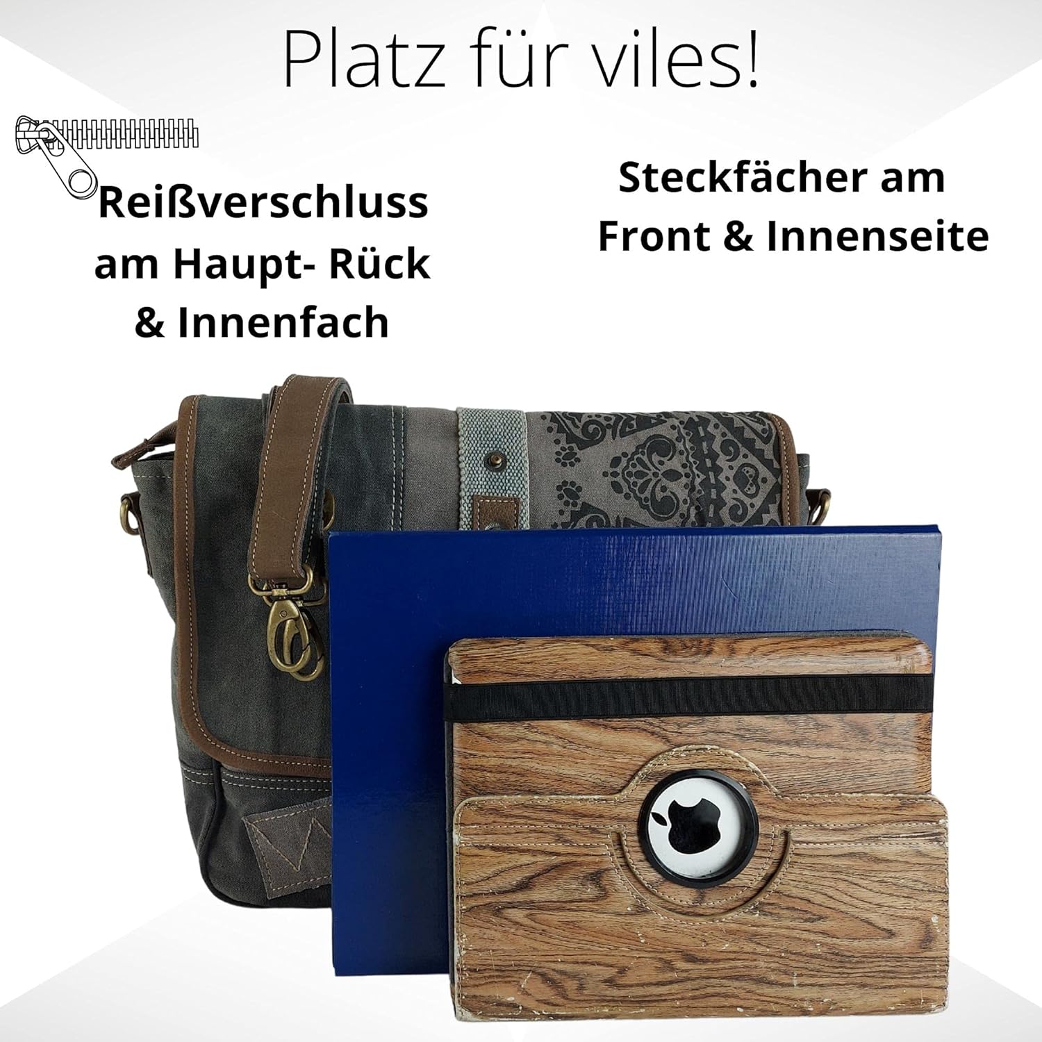 Sunsa Damen -Umhängetasche/Messenger -Tasche aus grauer Leinwand. Große Crossbody -Bag -Geschenkideen für Frauen/Mädchen, nachhaltige Produkte 52508, Gray, Retro – Bild 4