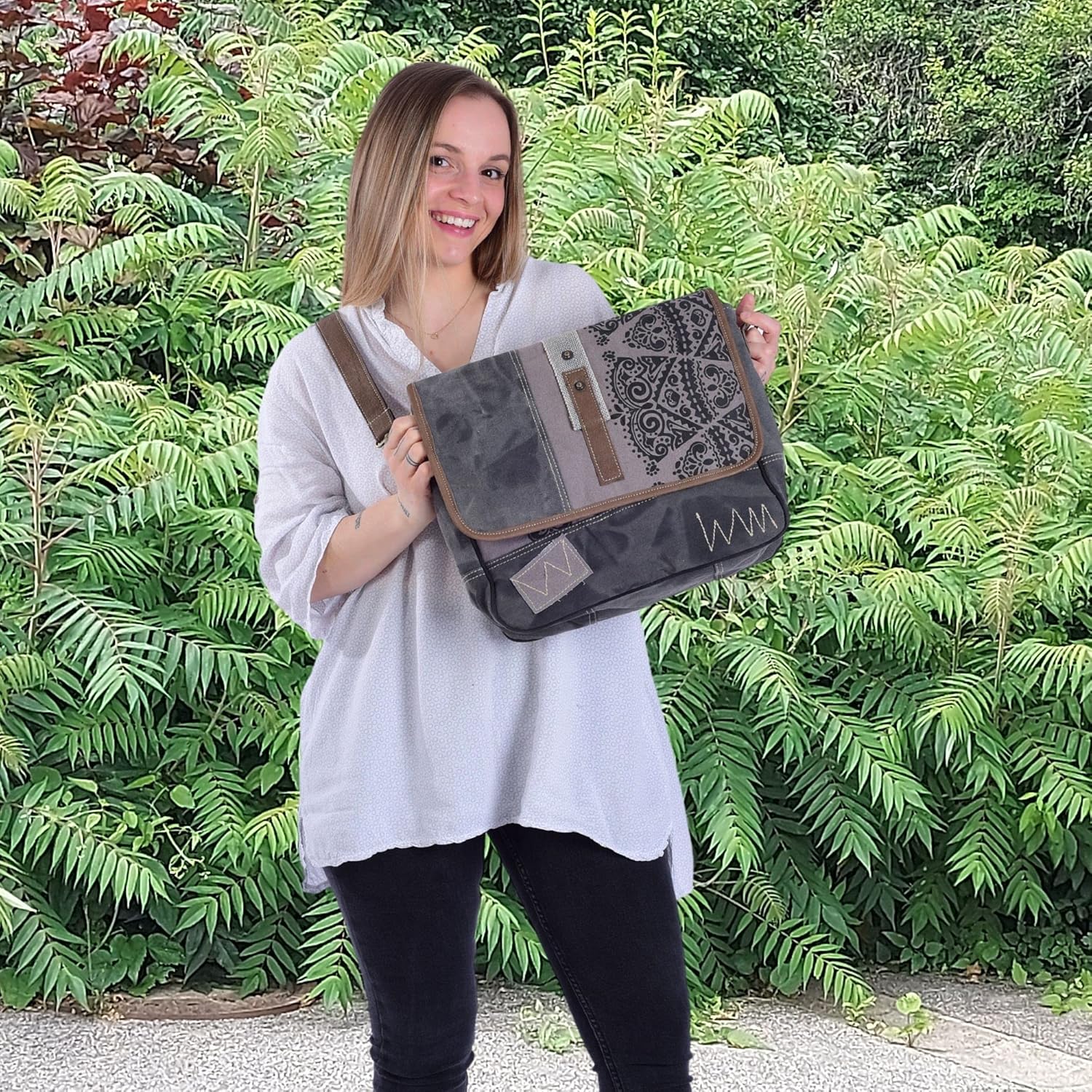 Sunsa Damen -Umhängetasche/Messenger -Tasche aus grauer Leinwand. Große Crossbody -Bag -Geschenkideen für Frauen/Mädchen, nachhaltige Produkte 52508, Gray, Retro – Bild 3