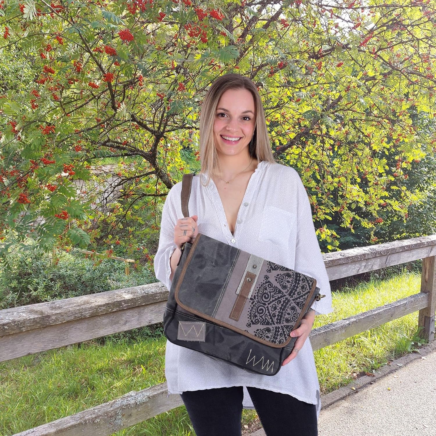 Sunsa Damen -Umhängetasche/Messenger -Tasche aus grauer Leinwand. Große Crossbody -Bag -Geschenkideen für Frauen/Mädchen, nachhaltige Produkte 52508, Gray, Retro – Bild 7