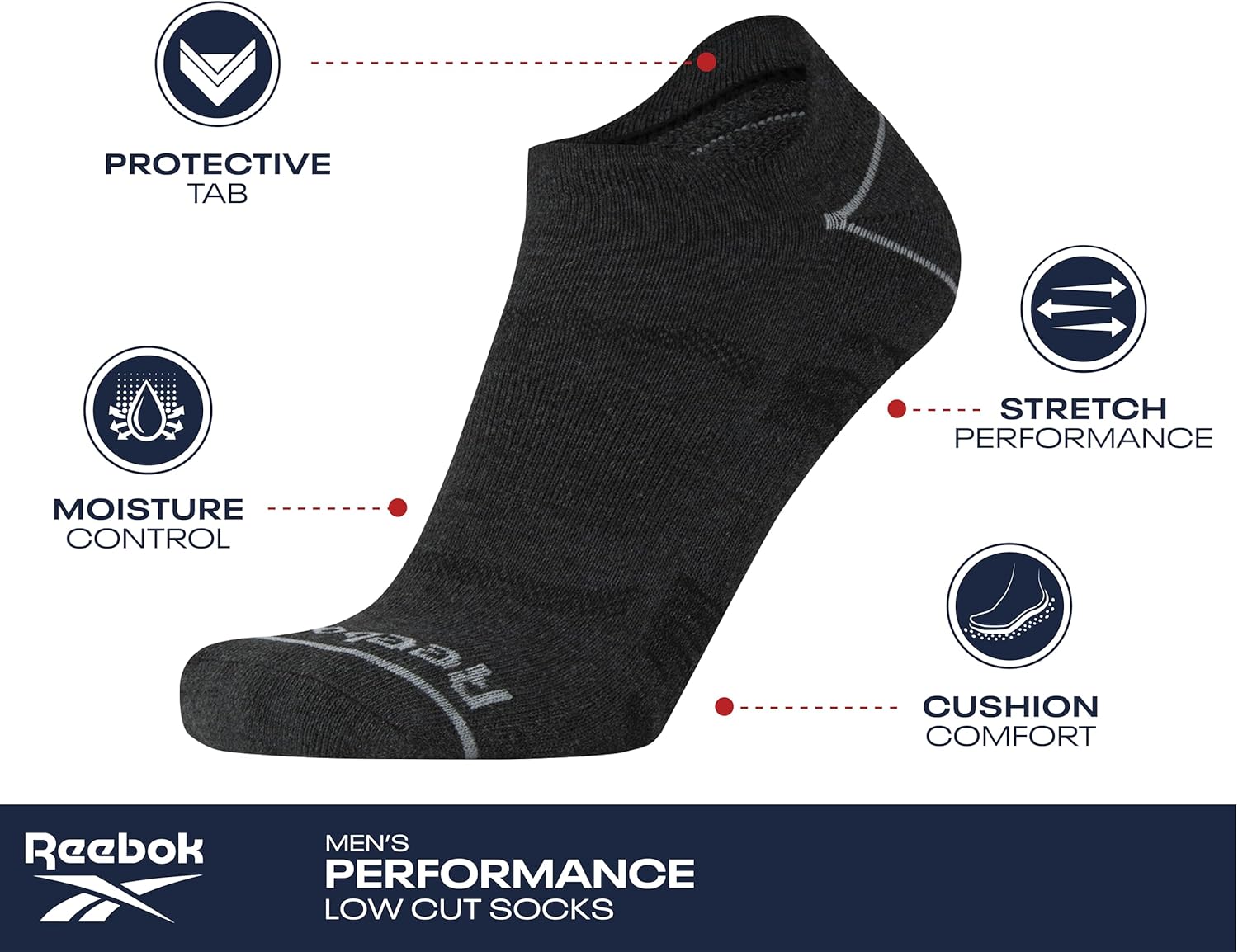 Reebok Mens Socken - 6 Packweiche bequeme Low -Cut -Anti -Blasen -Dicke -Knöchel -Socken - Sportsocken für Männer (6-12) – Bild 3