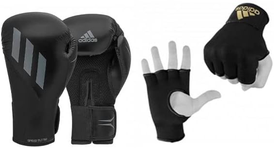 Adidas Speed Tilt 150 Boxhandschuhe und schützende innere Boxhandschuhe (400 g/m, schwarz/grau/schwarzes Gold) – Bild 4