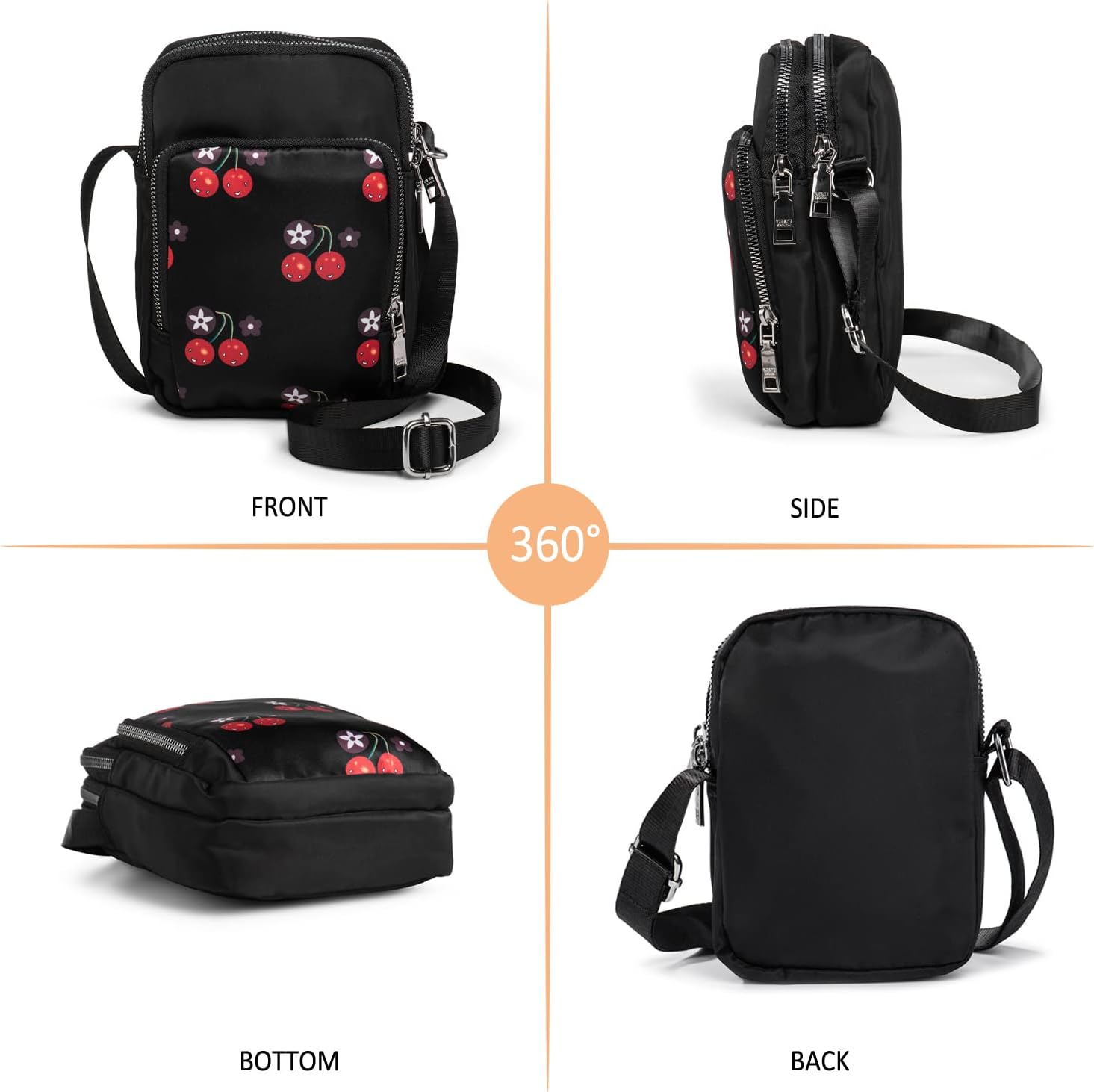 Frauen Mädchen kleiner Umhängetaschen Stofftasche Mobilfunkkoffer zum Aufhängen mit süßem Muster, 3 Fächern und langem Riemen, schwarz mit Kirsche, minimal – Bild 2