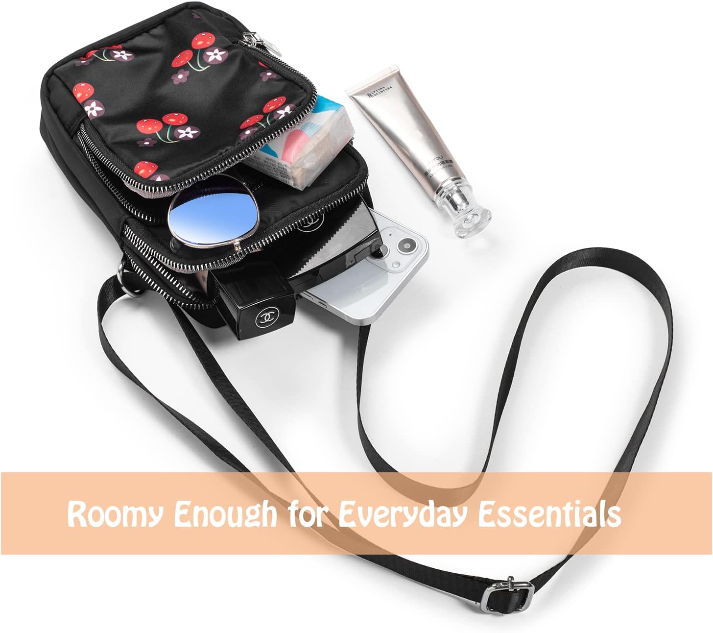 Frauen Mädchen kleiner Umhängetaschen Stofftasche Mobilfunkkoffer zum Aufhängen mit süßem Muster, 3 Fächern und langem Riemen, schwarz mit Kirsche, minimal – Bild 7