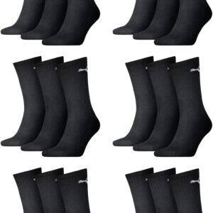 Puma 18 Paar Sportsocken Tennissocken Größe 35-49 Unisex für ihn und sie, Farbe: 200 – Schwarz, Socken und Strümpfe: 47-49, 200 – Schwarz
